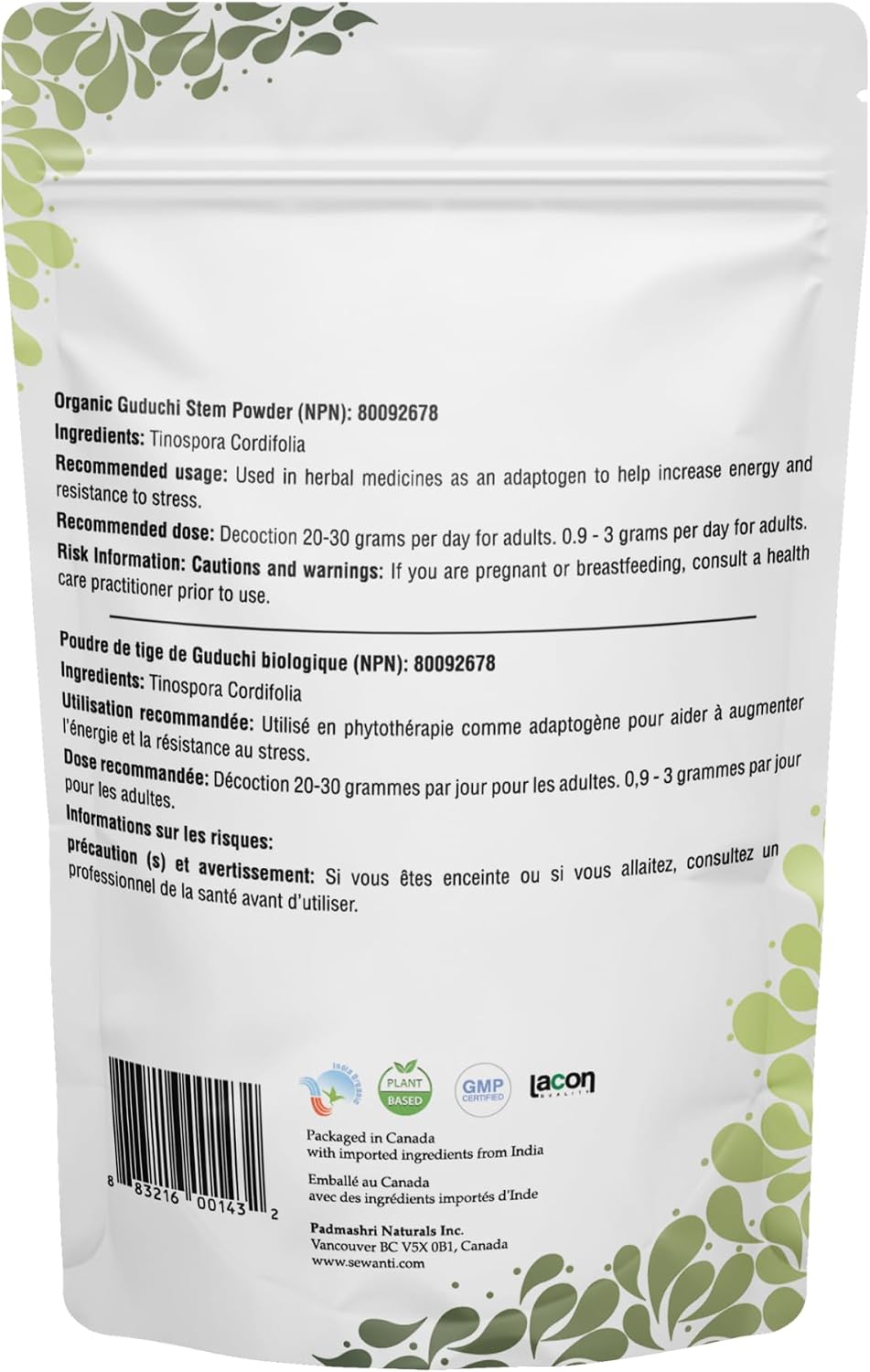 Detalle 2 de Sewanti Organic Guduchi Powder, 200 g, NPN 80092678, Made in Canada