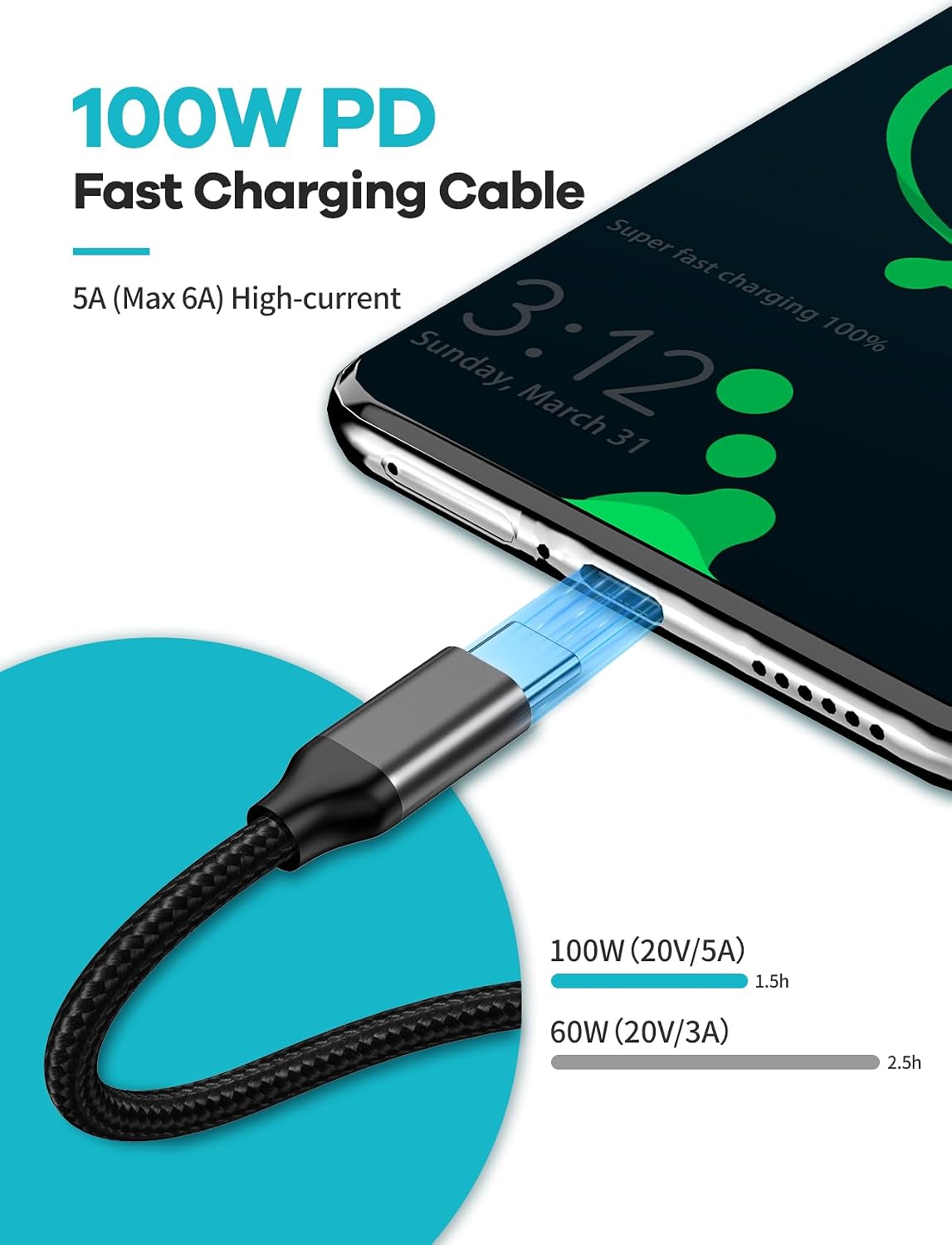 Detalle de USB-C PD100W to USB-C Cable 2m: Fast Charge & Data for latest devices