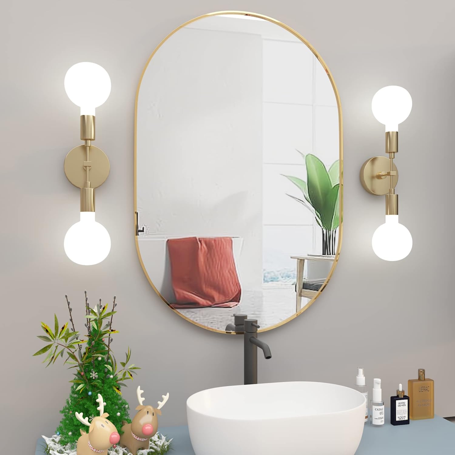 Detalle de NEUWEABY ovale badkamerspiegel 50 x 75 cm met goudkleurig aluminium frame