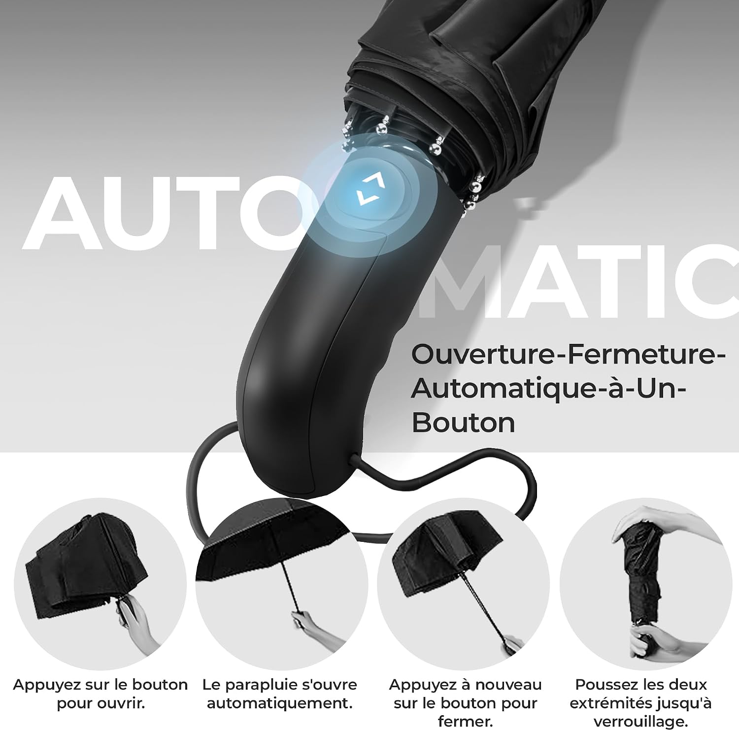 Detalle de Parapluie Pliant Compact Automatique – Résistant au Vent et Télescopique, Noir