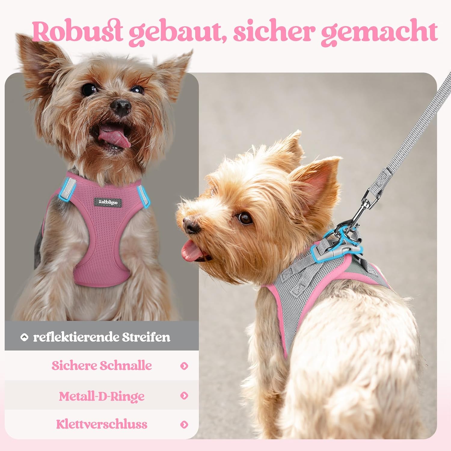 Detalle de rabbitgoo Hundegeschirr Kleine Hunde mit Leine, Step-in Welpengeschirr aus Air-Mesh, Reflektierend, Rosa & Hellgrau, Größe S
