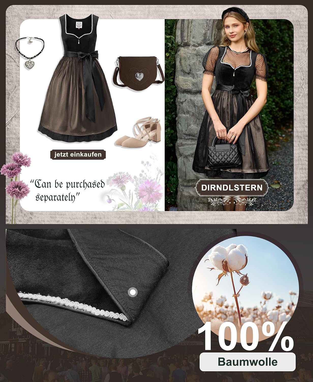 Thumbnail 2 de DIRNDLSTERN Dirndlkleid Damen Schwarz – Samt Midi mit Jacquard, 2026