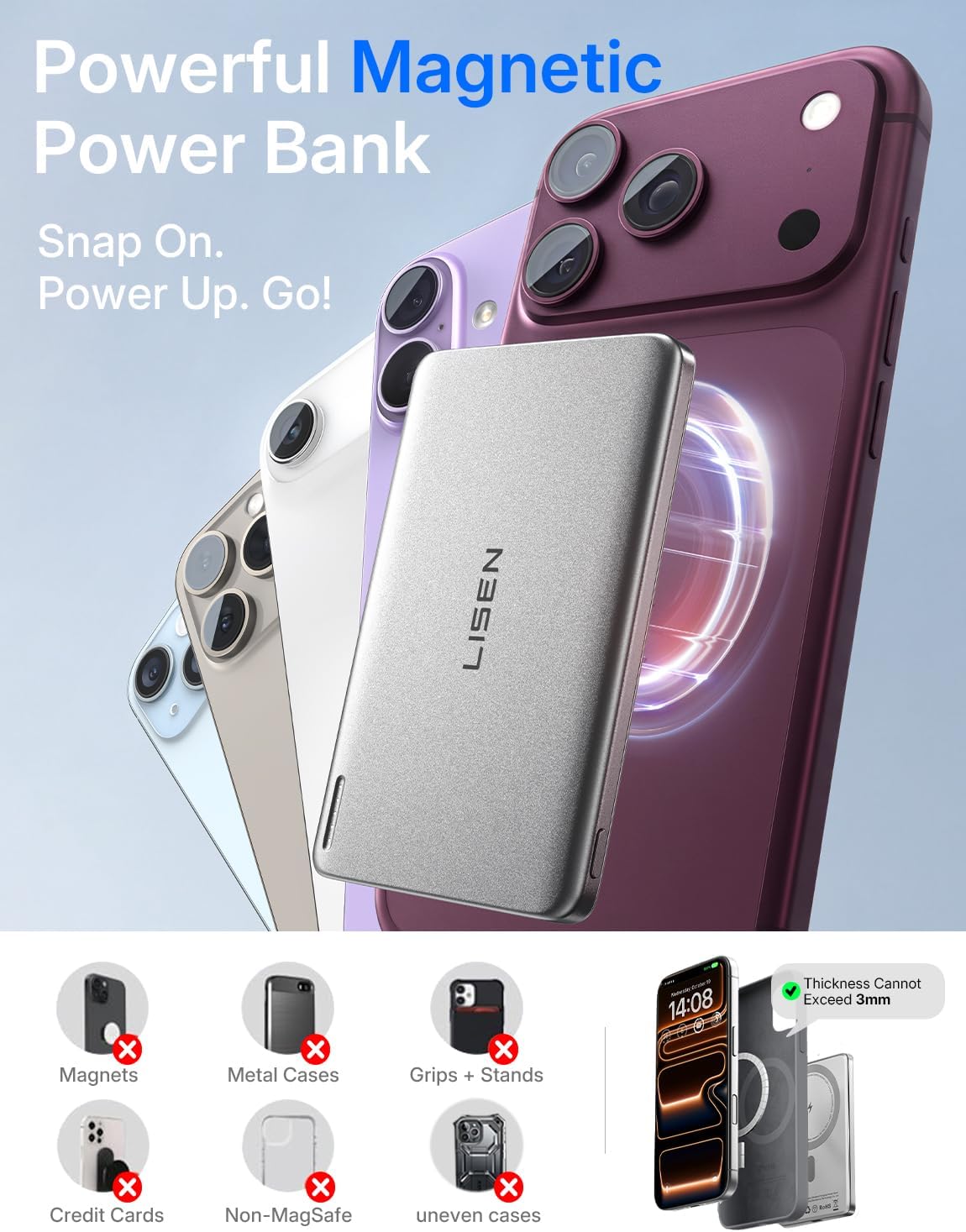 Thumbnail 6 de LISEN 2E470 Qi2 Magnetic Power Bank, 5,000mAh, 0.38-Inch Slim Design