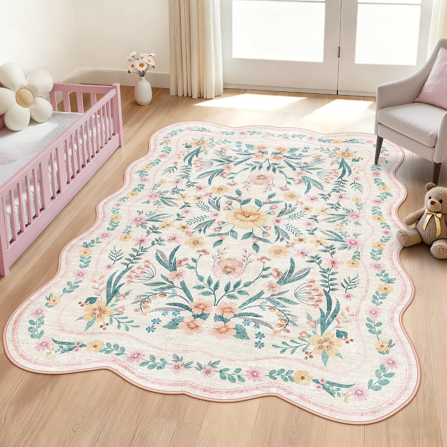 Detalle de Dadasgk Pink Floral Rug 5x7 for Girls' Room – Soft, Washable Non-Slip Boho Rug