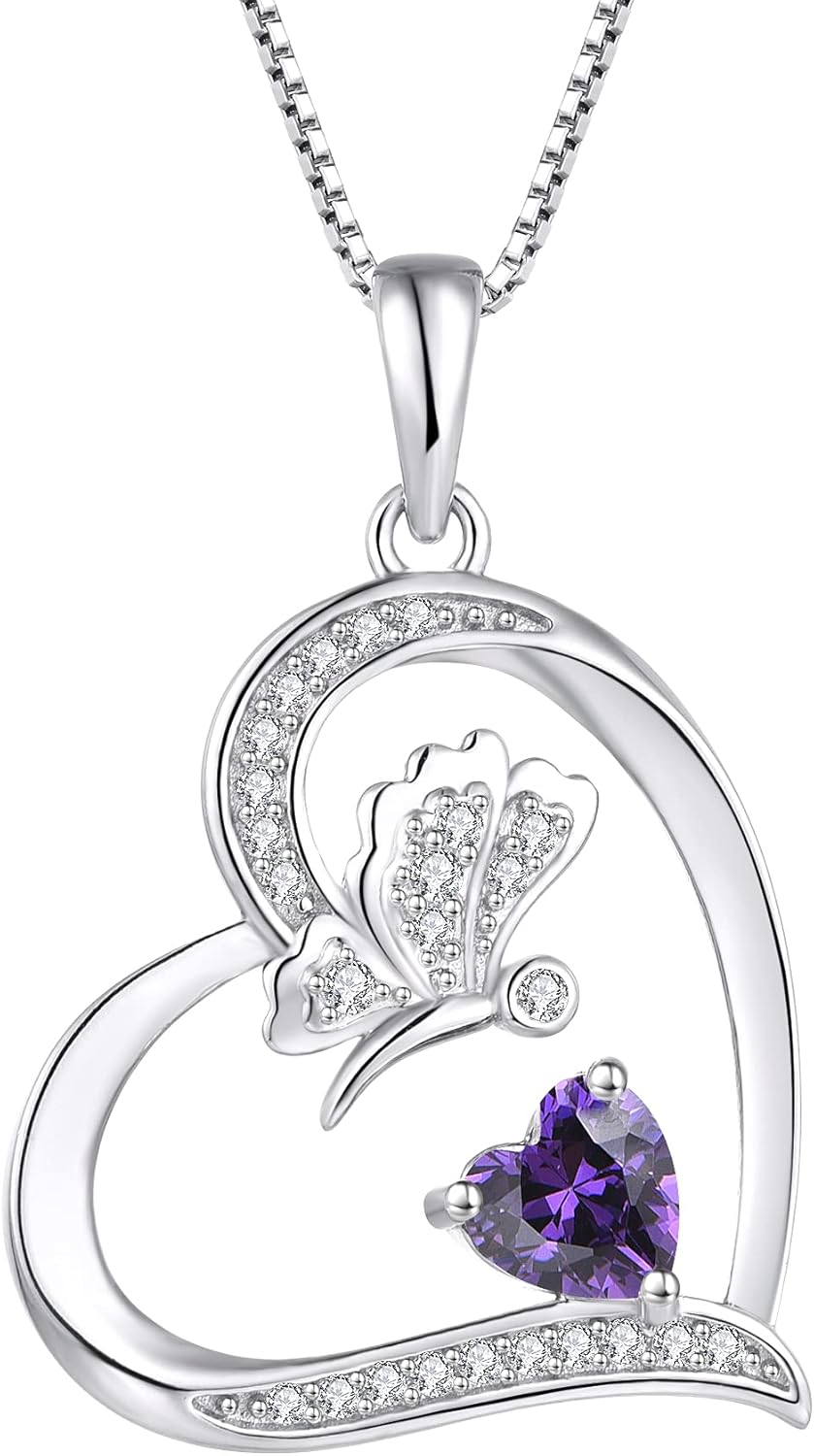 Thumbnail 6 de FJ Herz Damen Kette Schmetterling Anhänger aus 925 Sterling Silber mit Geburtsstein (Zirkonia) – Halskette für Frauen & Mädchen