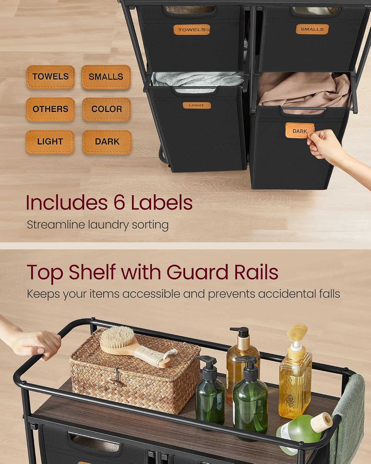 Detalle de VASAGLE STEVIE RLS100B01 150 L Laundry Hamper with 4 Bags and Shelf