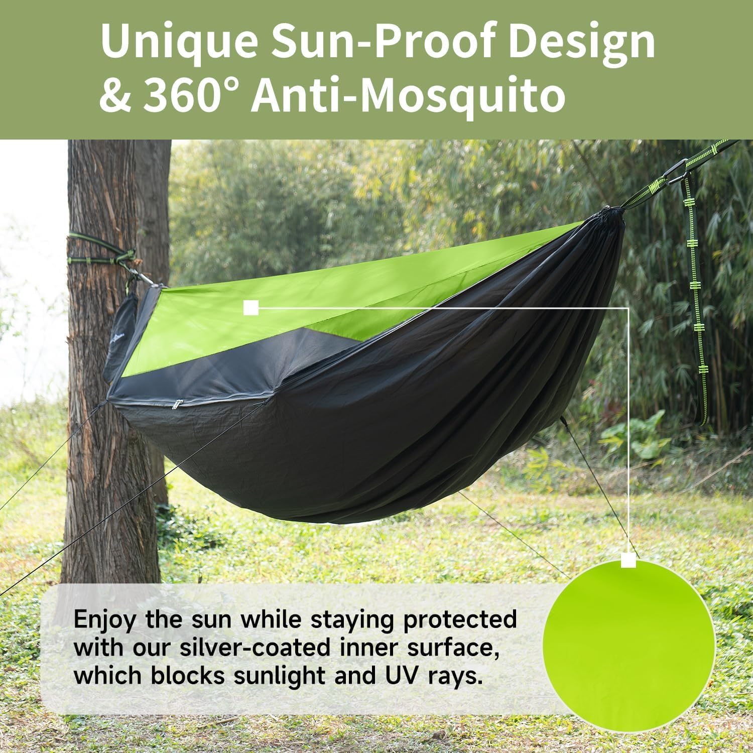 Detalle de Travel Bird Camping Hammock with Mosquito Net, Sunshade & Ridge Rope — 290 x 140 cm