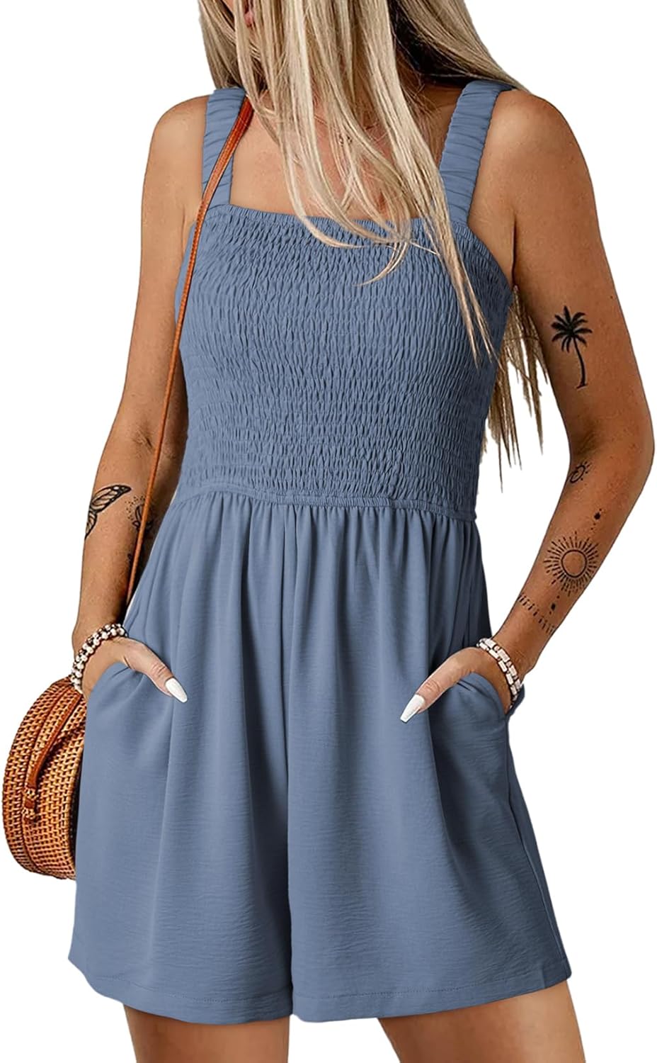 Dokotoo Women's Summer Casual Smocked Rompers Square Neck Jumpsuit