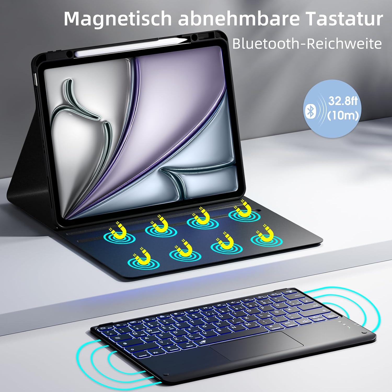Thumbnail 3 de Vobafe Tastatur-Hülle für iPad Air 13 Zoll & iPad Pro 12,9 Zoll – QWERTZ mit Trackpad, 7 Farben, Stifthalter (schwarz)