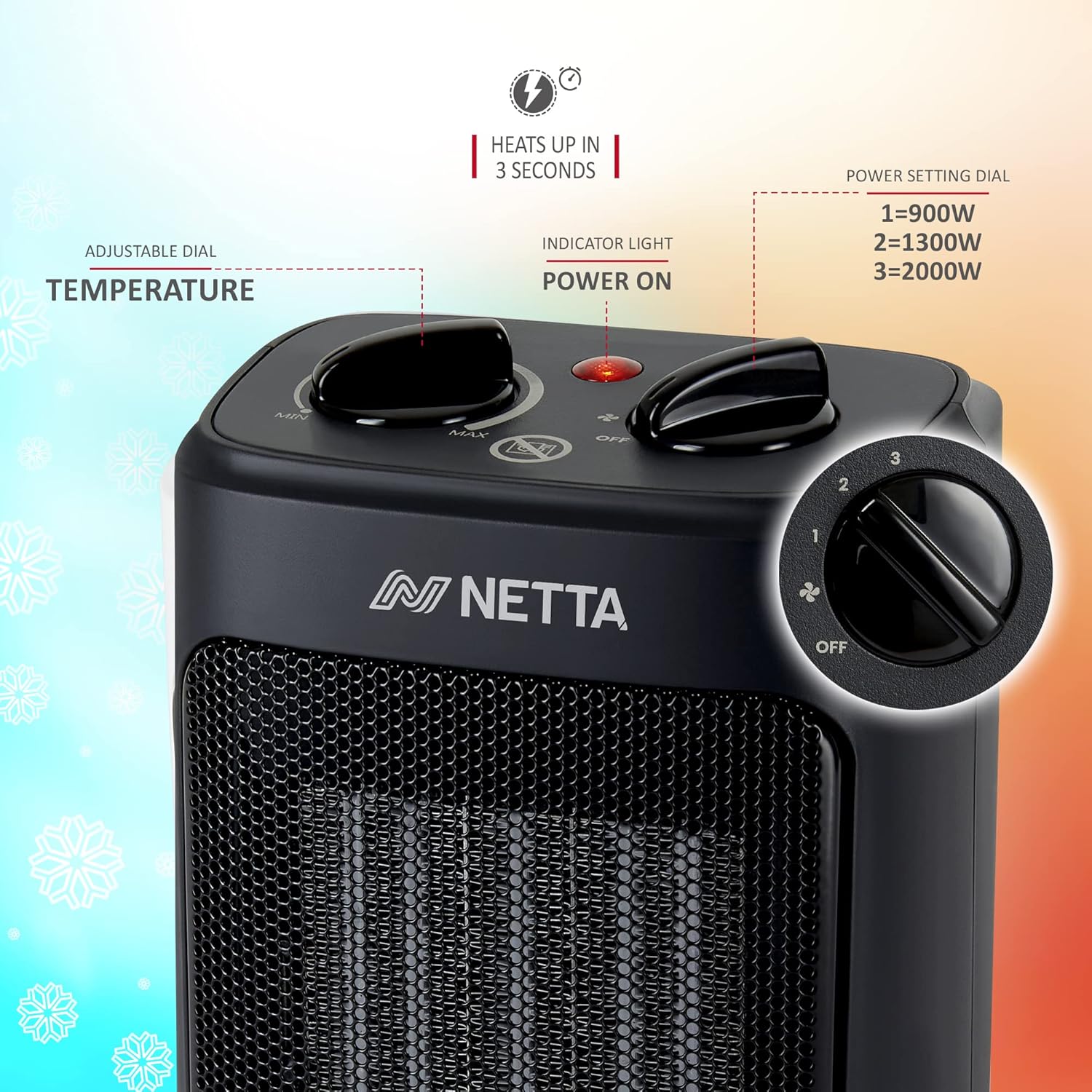 Thumbnail 2 de NETTA Ceramic Fan Heater 2000W – portable electric space heater with adjustable thermostat