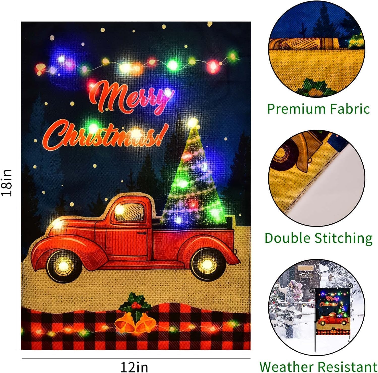 Detalle de FLAGMESAGE 01 Lighted Christmas Truck Garden Flag, Solar, 8 Modes, 12 x 18 In