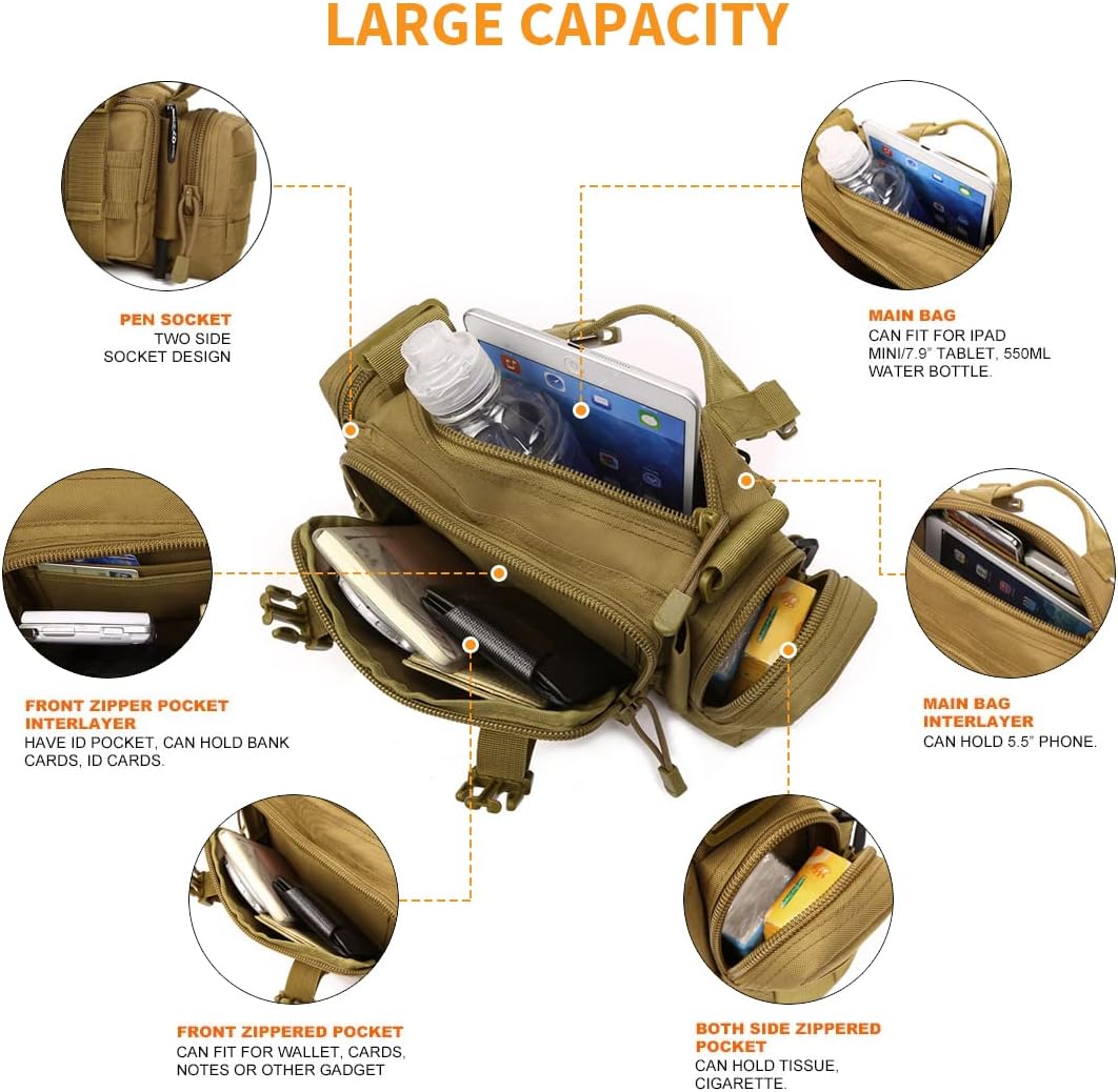 Detalle de Huntvp 3 Way Waist Bag Tactical MOLLE Crossbody Pack (Brown) for Hiking, Camping and More