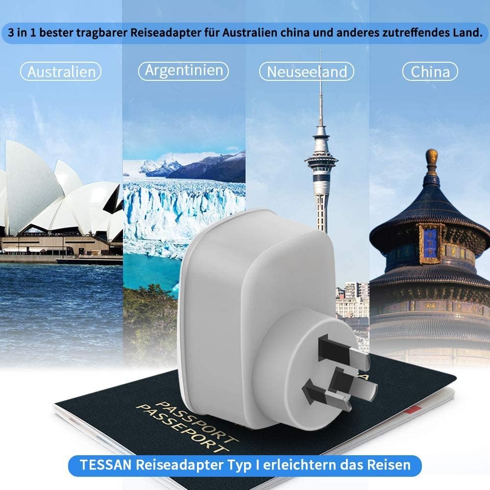 Detalle de TESSAN 2er-Reiseadapter für Australien/Neuseeland (Typ I) mit 2× USB – Steckdosenadapter für unterwegs