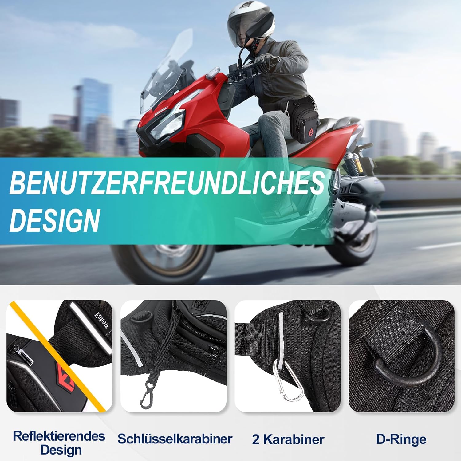 Thumbnail 5 de Eshow Beintasche Motorrad – Erweiterbare Oberschenkeltasche mit verstellbarem Beinriemen und Reflektor