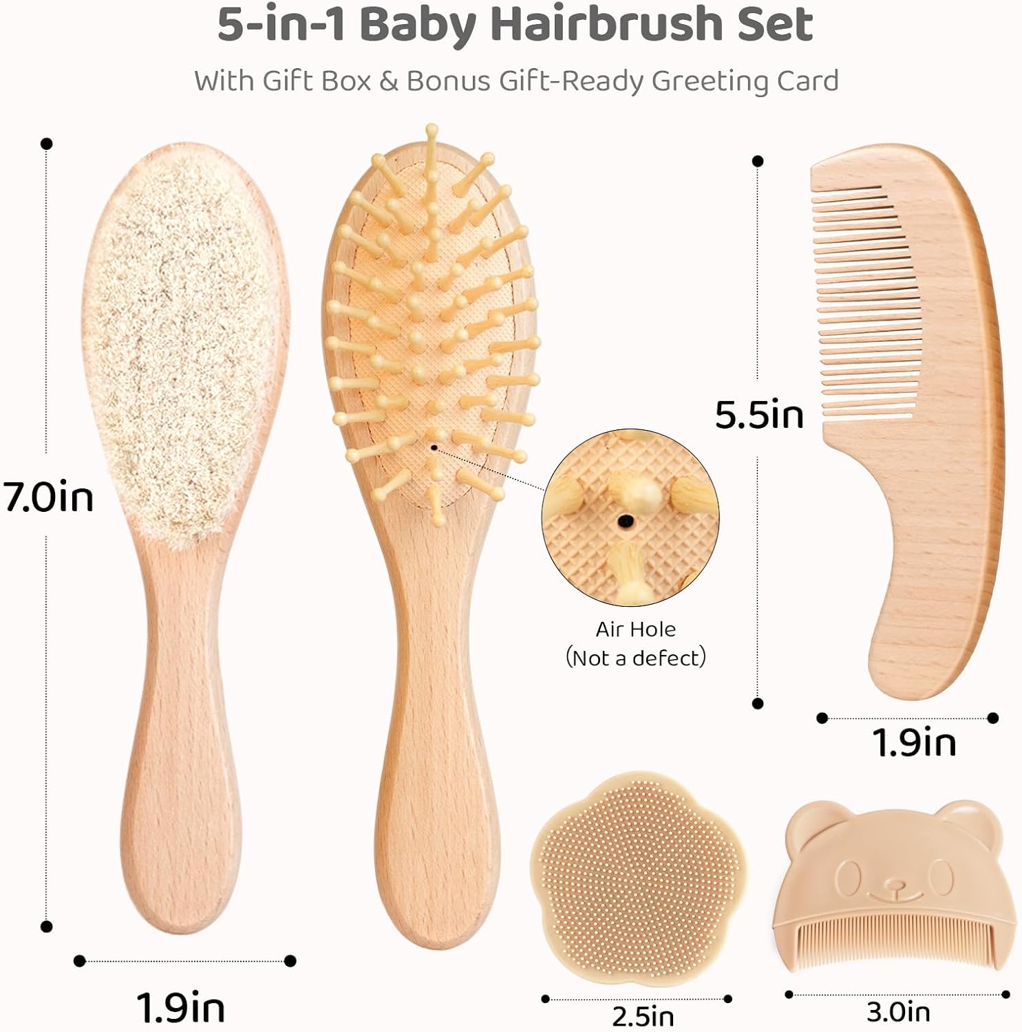 Thumbnail 6 de GVOO Baby Hair Brush Set, 5-Piece Wooden Grooming Kit with Goat Hair Bristles