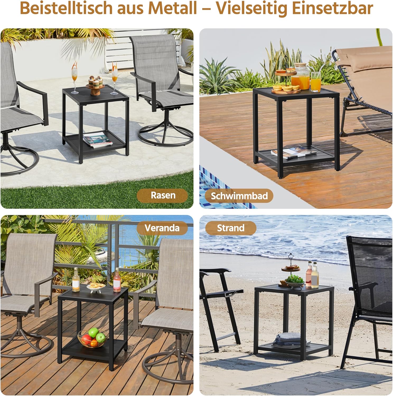 Detalle 2 de Yaheetech Tavolo da Giardino quadrato 45 x 45 x 54 cm con ripiano in metallo a doghe (nero)