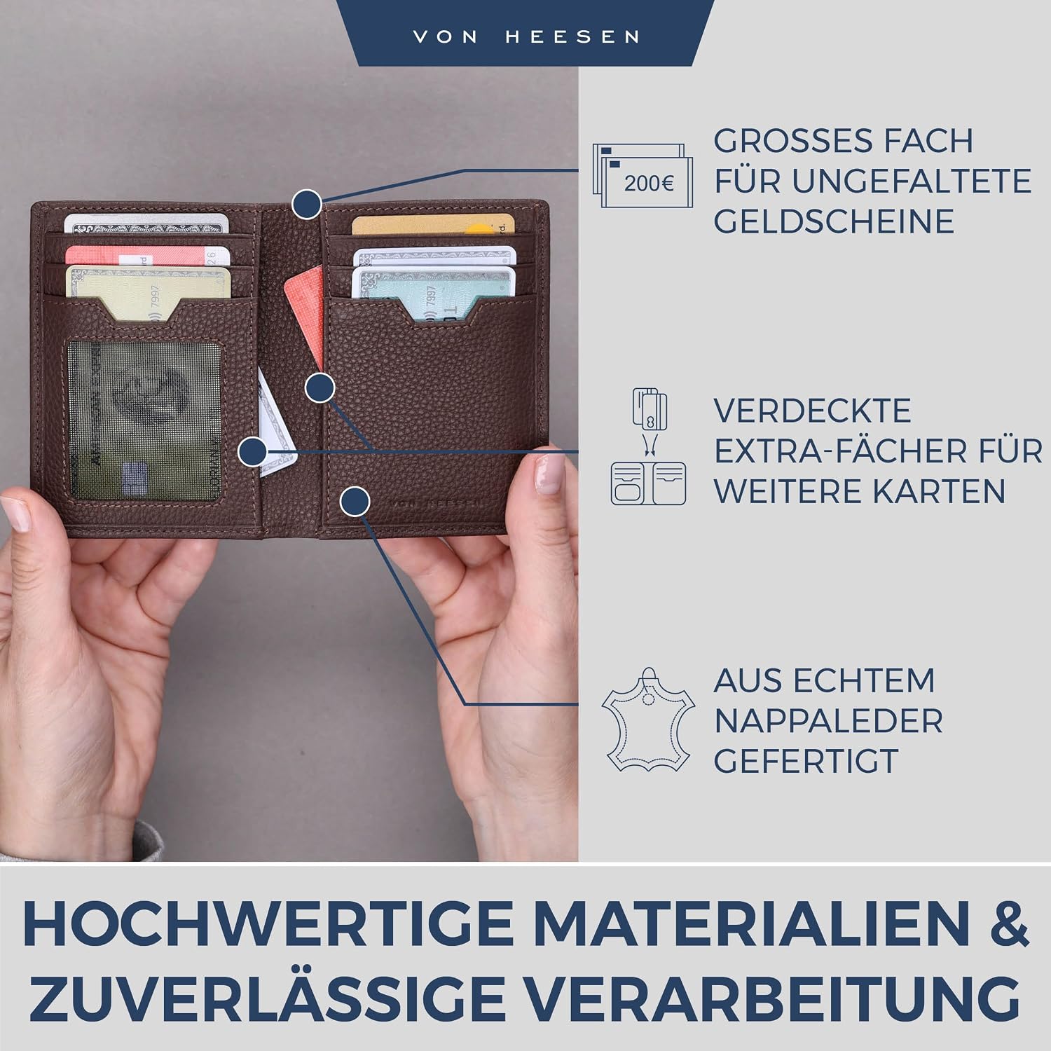 Detalle de VON HEESEN Leder-Geldbörse mit Münzfach & RFID-Schutz – Echtleder Portemonnaie in Braun