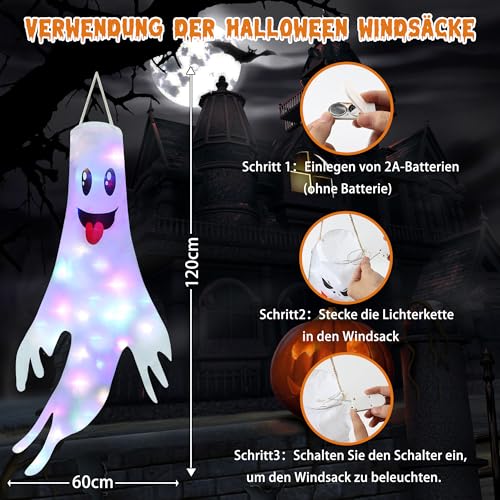 Detalle 2 de Moxled Halloween-Geister-Windsäcke, 3er-Set, 120 cm mit bunten LED-Lichtern