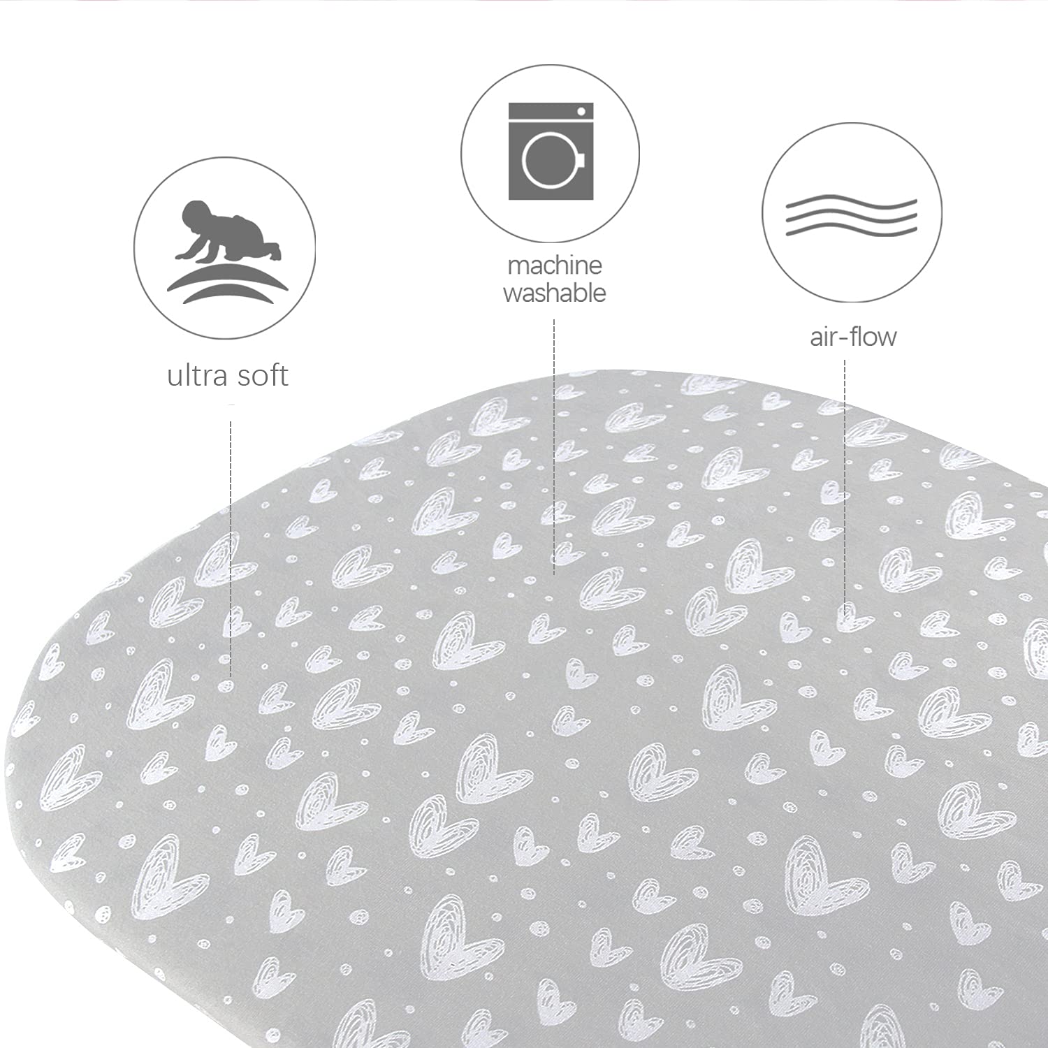Detalle 2 de Biloban Bassinet Sheets, 2-Pack, 100% Cotton, Gray Print, 360° Elastic Fit