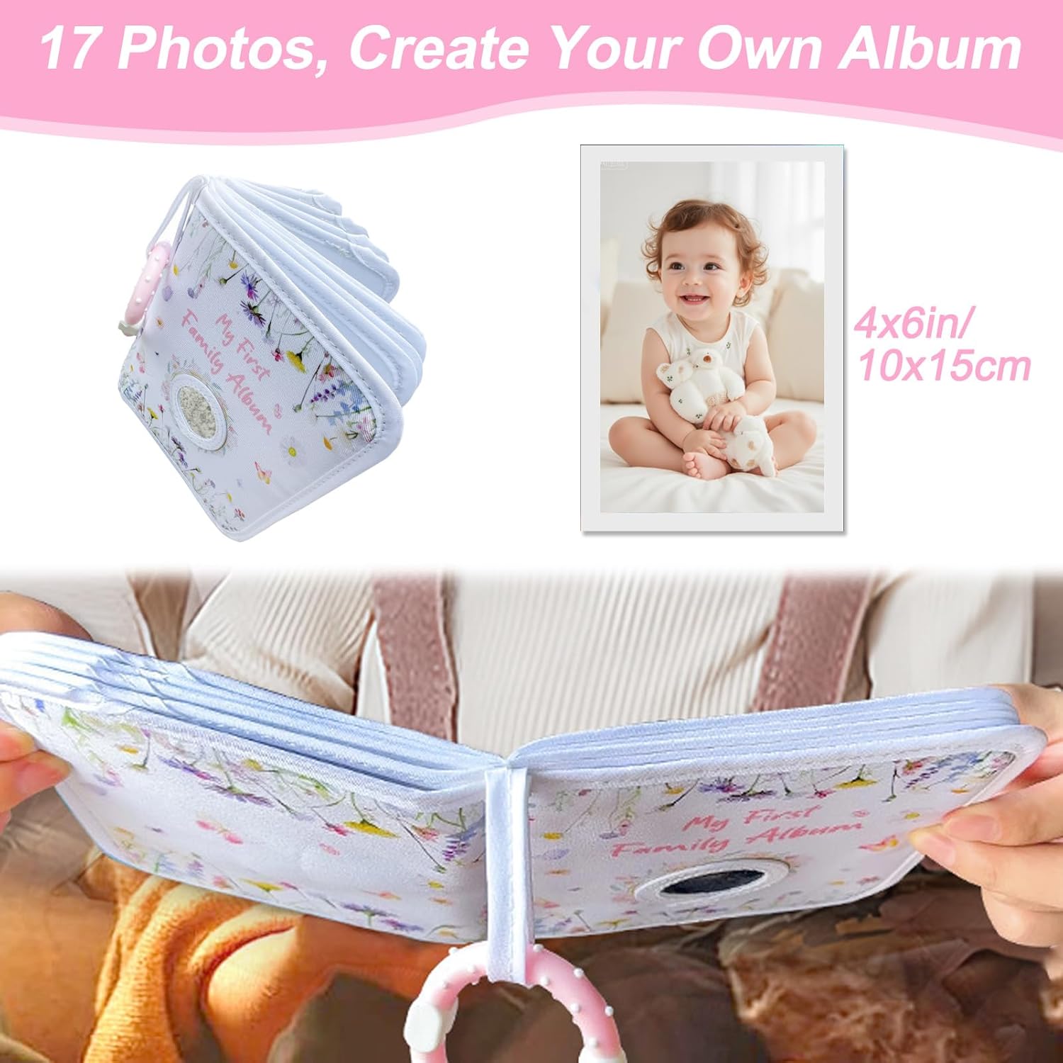 Thumbnail 2 de Baby Photo Album Soft Book – Fits 17 6x4" Pictures with Hook, Mirror & Safe Fabric
