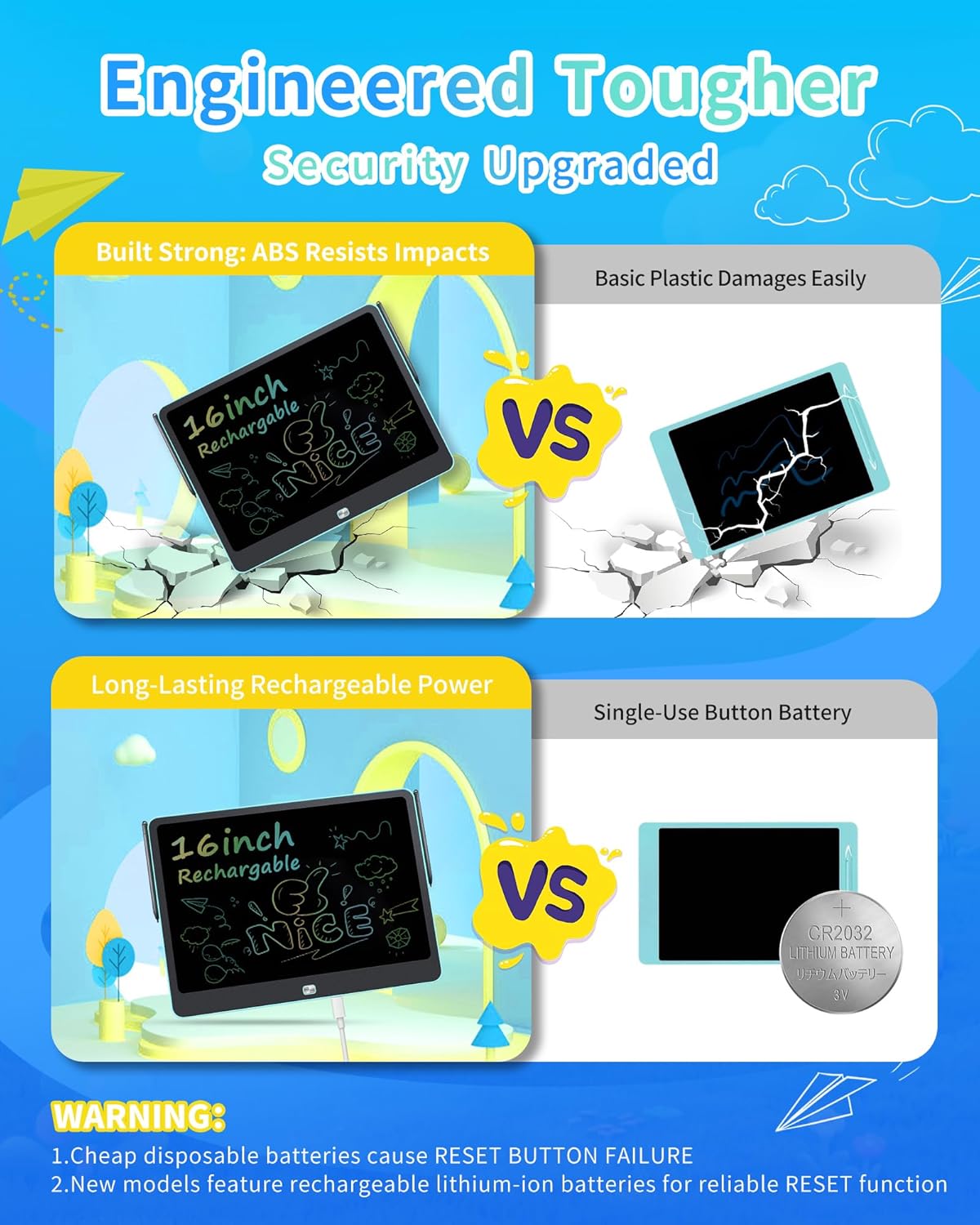 Thumbnail 2 de Rechargeable 16-inch LCD Writing Tablet for Kids (Blue) – Rechargeable doodle board with styluses for ages 3–8