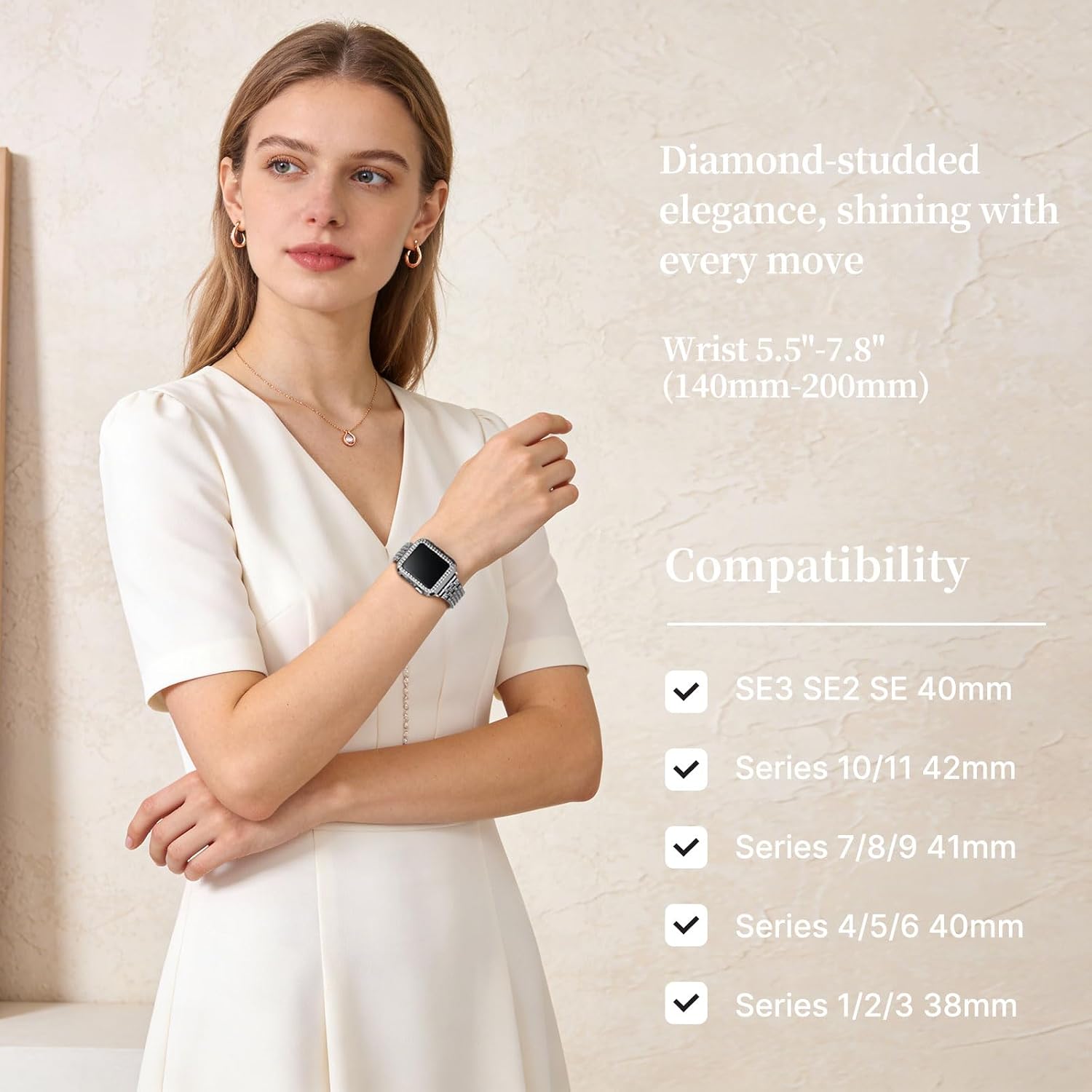 Detalle de Wutwuk Compatible Bling Apple Watch 9/8/7 Strap 41mm with Bling Case – Silver
