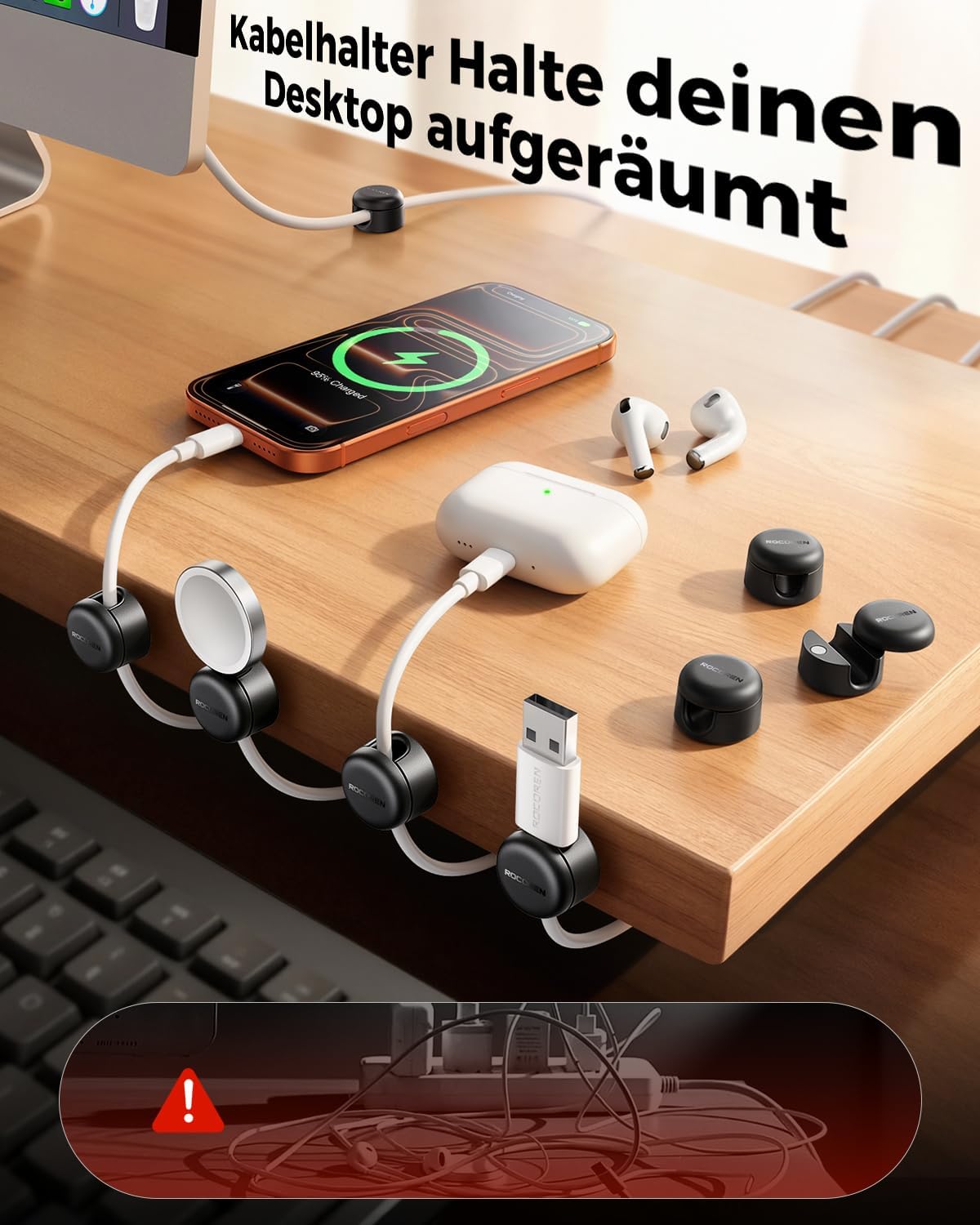 Thumbnail 6 de Rocoren Kabelhalter Selbstklebend – 9 Stück, magnetisch, 360° drehbar, 7,5 mm Schlitz, Kabelmanagement für Schreibtisch/Office