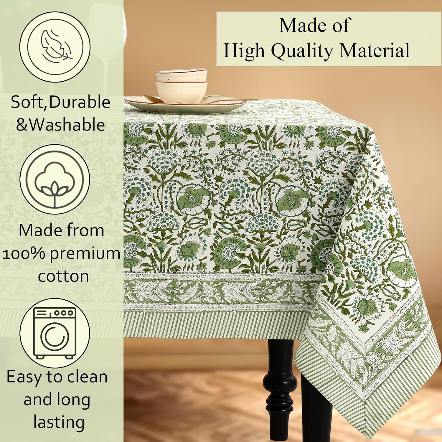 Thumbnail 6 de CPC Cotton Print Club Agate Green 60x60" Indian Block Print Square Tablecloth