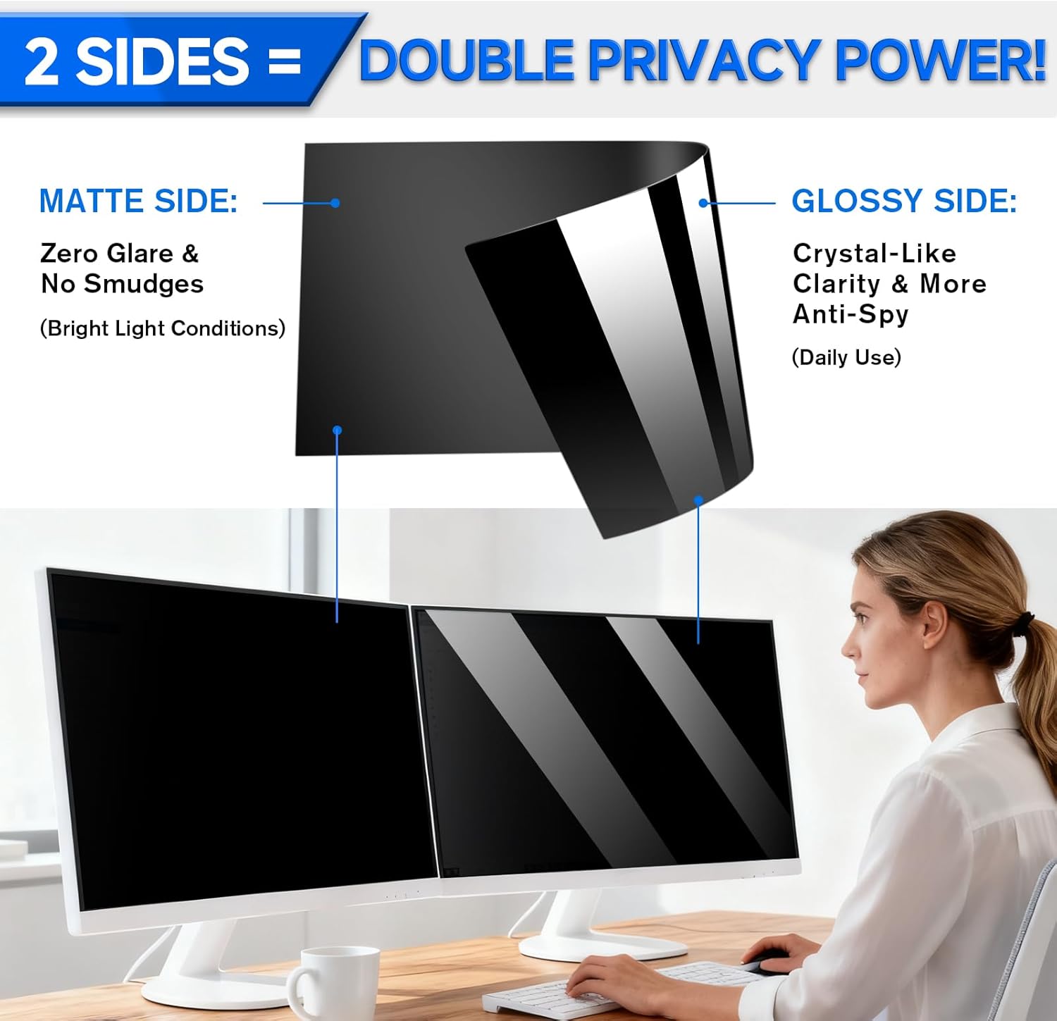 Thumbnail 6 de ZOEGAA 2-Pack Privacy Screen for 24-Inch Monitors (16:9) – Anti-Spy, Blue Light, Glare Reduction