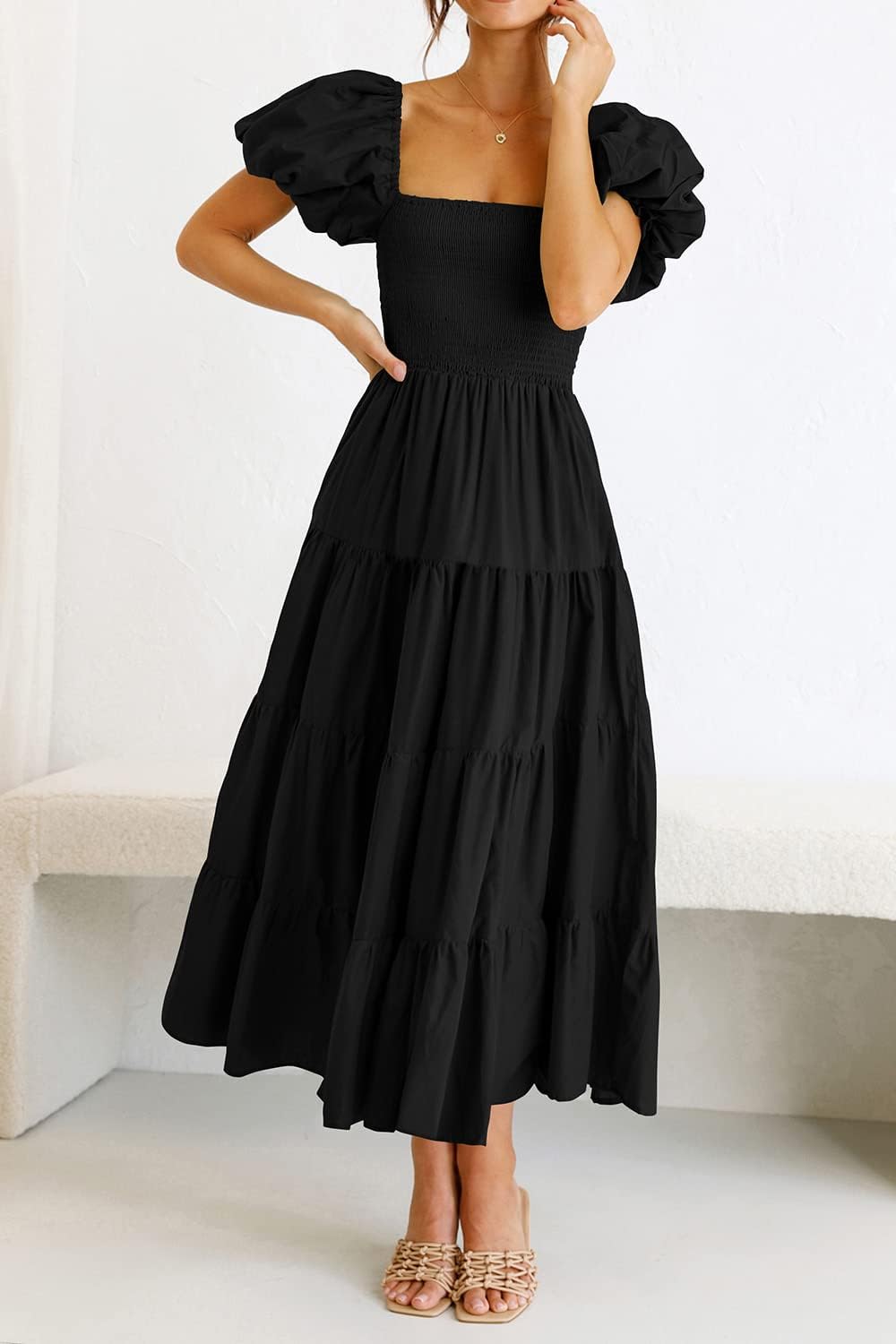Thumbnail 2 de PRETTYGARDEN Women's Casual Summer Midi Dress: Puff Sleeve, Square Neck, and Tiered Ruffle Charm