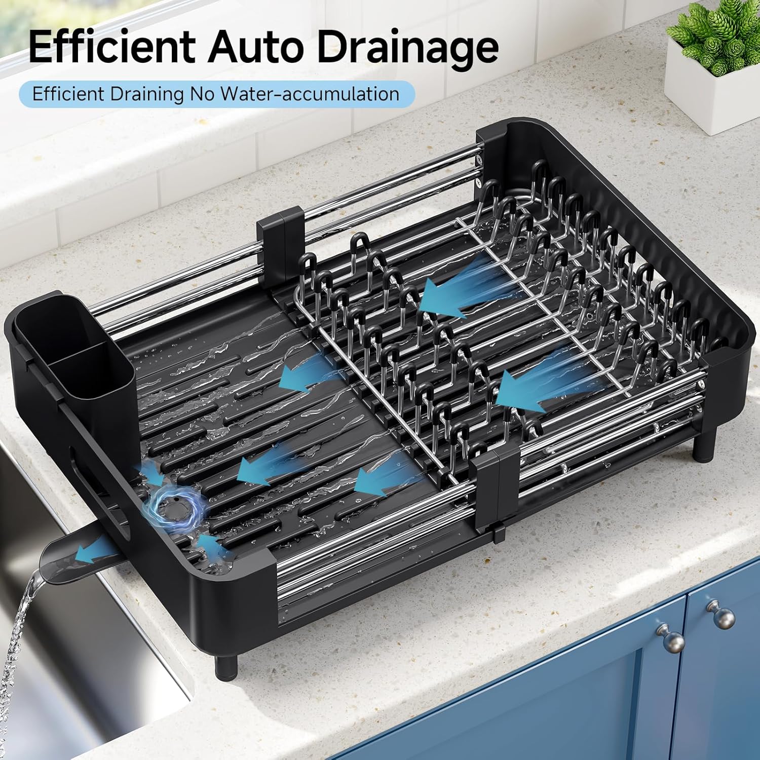 Detalle 1 de KINGRACK extendable dish drainer rack with removable cutlery holder (stainless steel, black)