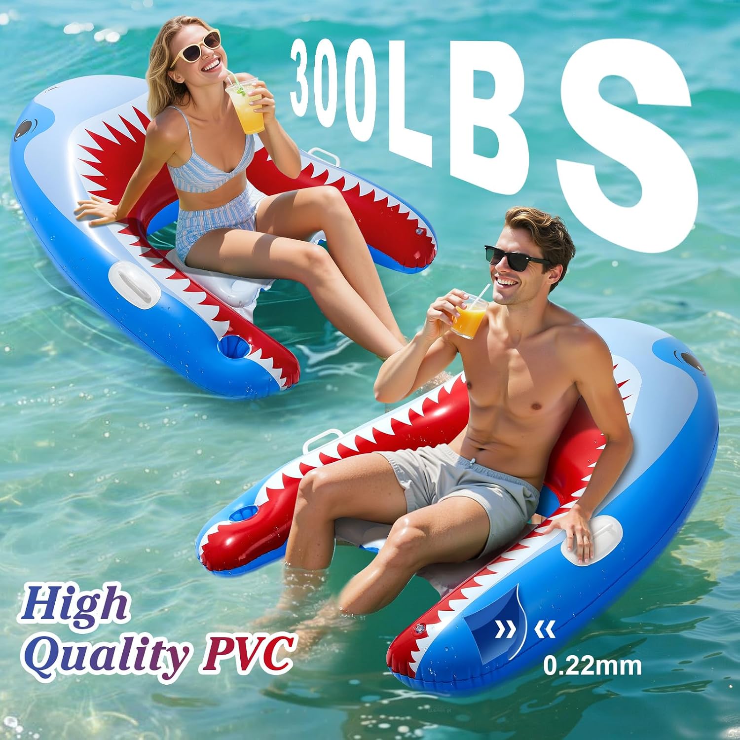 Detalle de HeySplash Inflatable Pool Floats: Shark-Shaped Tanning Lounger with Cup Holder (Extra Large)