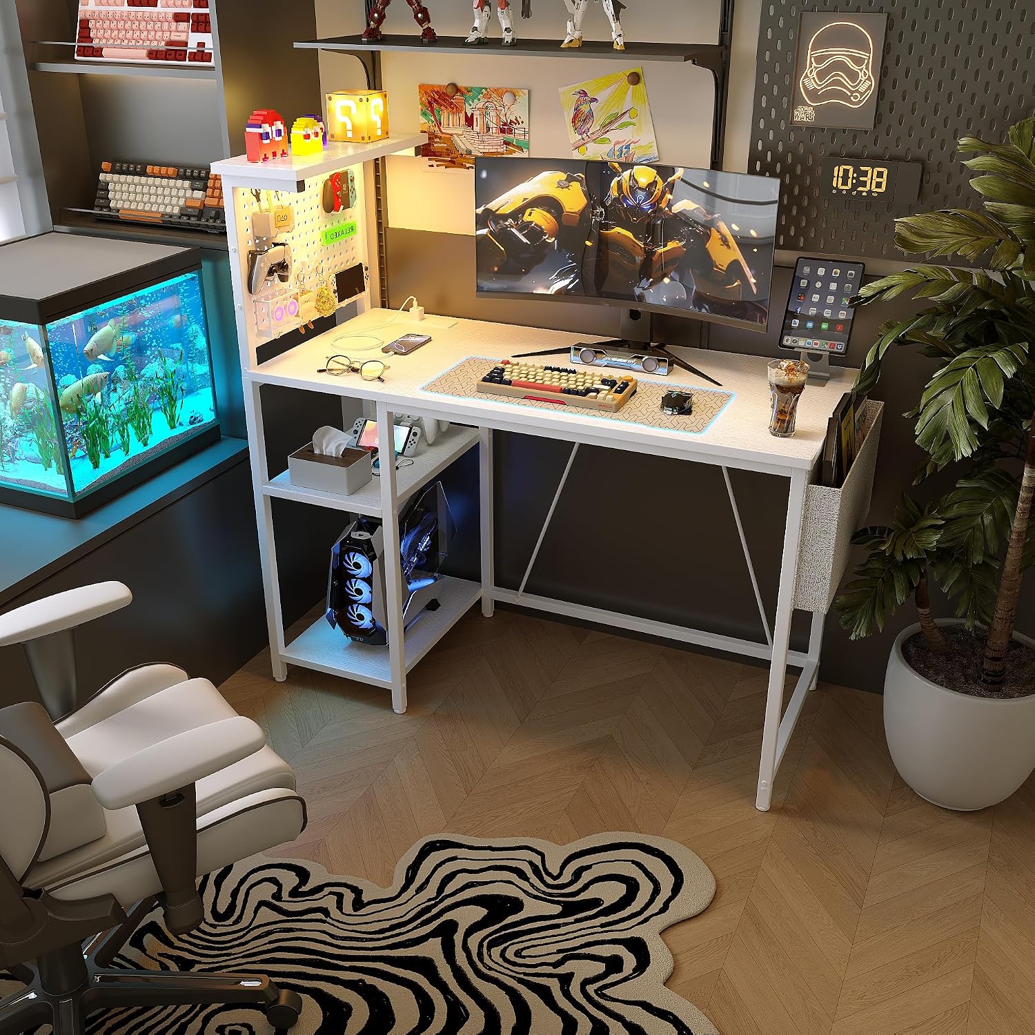 Thumbnail 3 de Xyphren Gaming Desk with Pegboard, Power Hub and LED Light – 100 × 50 cm, White