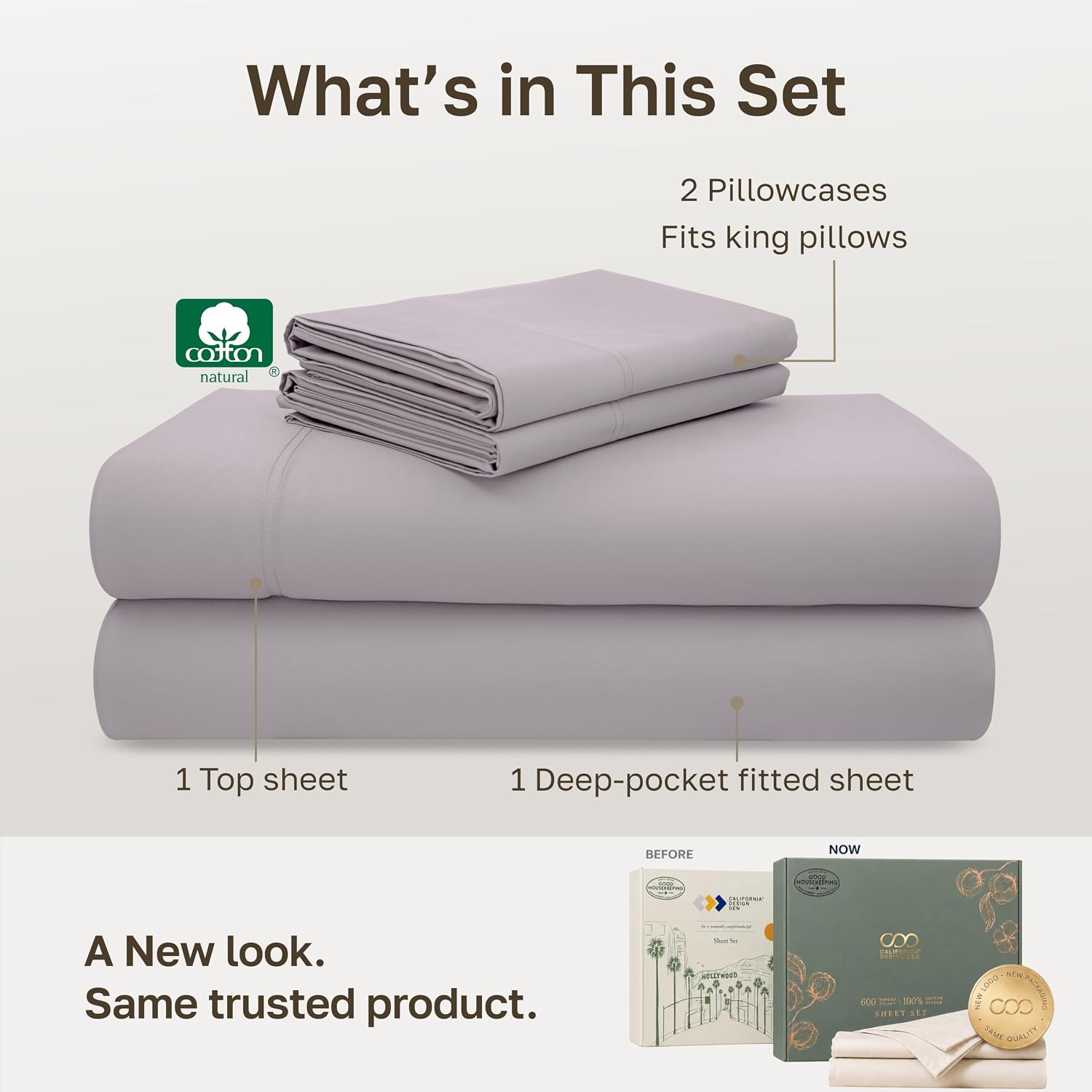 Detalle de California Design Den 840307148254 600 Thread Count California King Cotton Sheet Set, Lavender