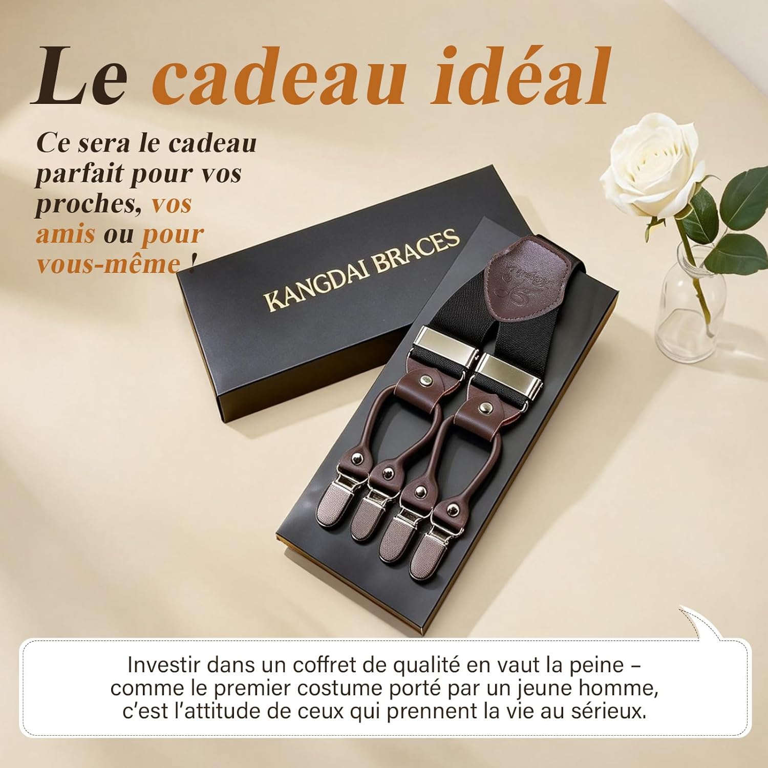 Thumbnail 6 de KANGDAI Bretelles homme larges à 6 clips métal et patch cuir, ajustables et élastiques