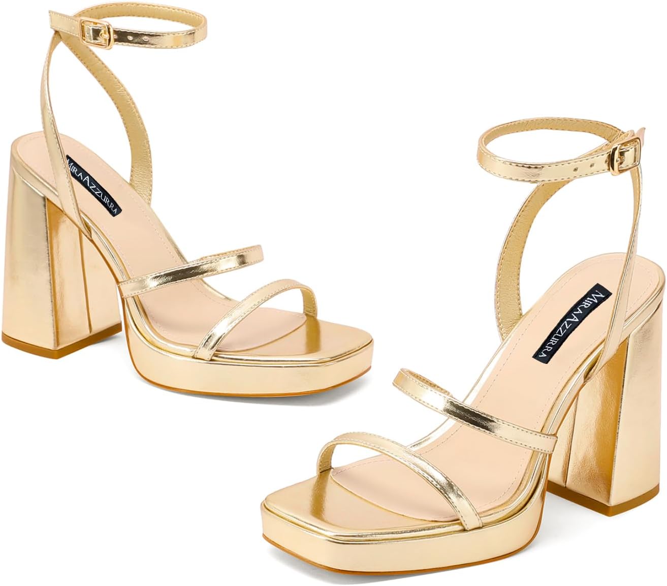 Thumbnail 3 de MIRAAZZURRA Platform Strappy Heel Sandals – Square Open Toe, Two Straps, Ankle Buckle