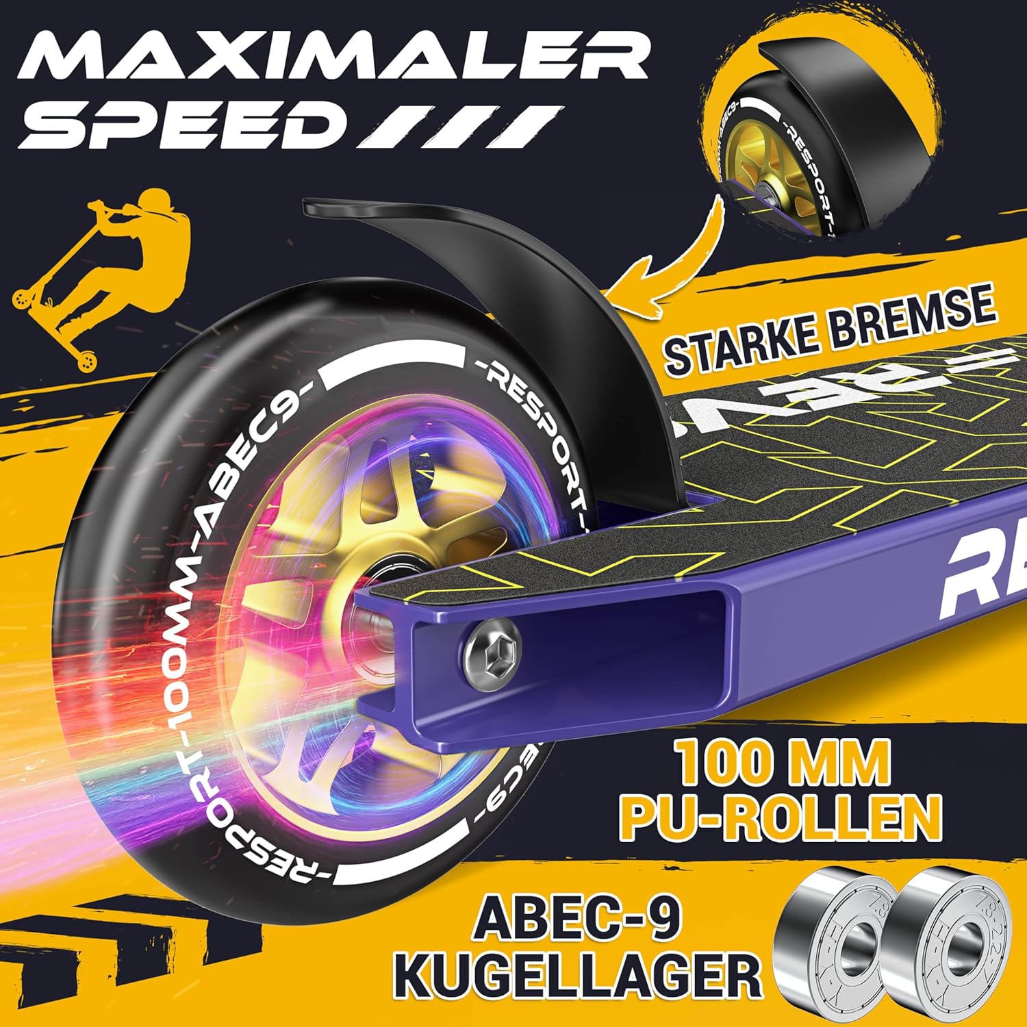 Thumbnail 4 de RE:SPORT Stunt Scooter REVO mit Ständer, 100-mm-PU-Wheels, Y-Bar & ABEC-9 Lager – für Kinder und Erwachsene