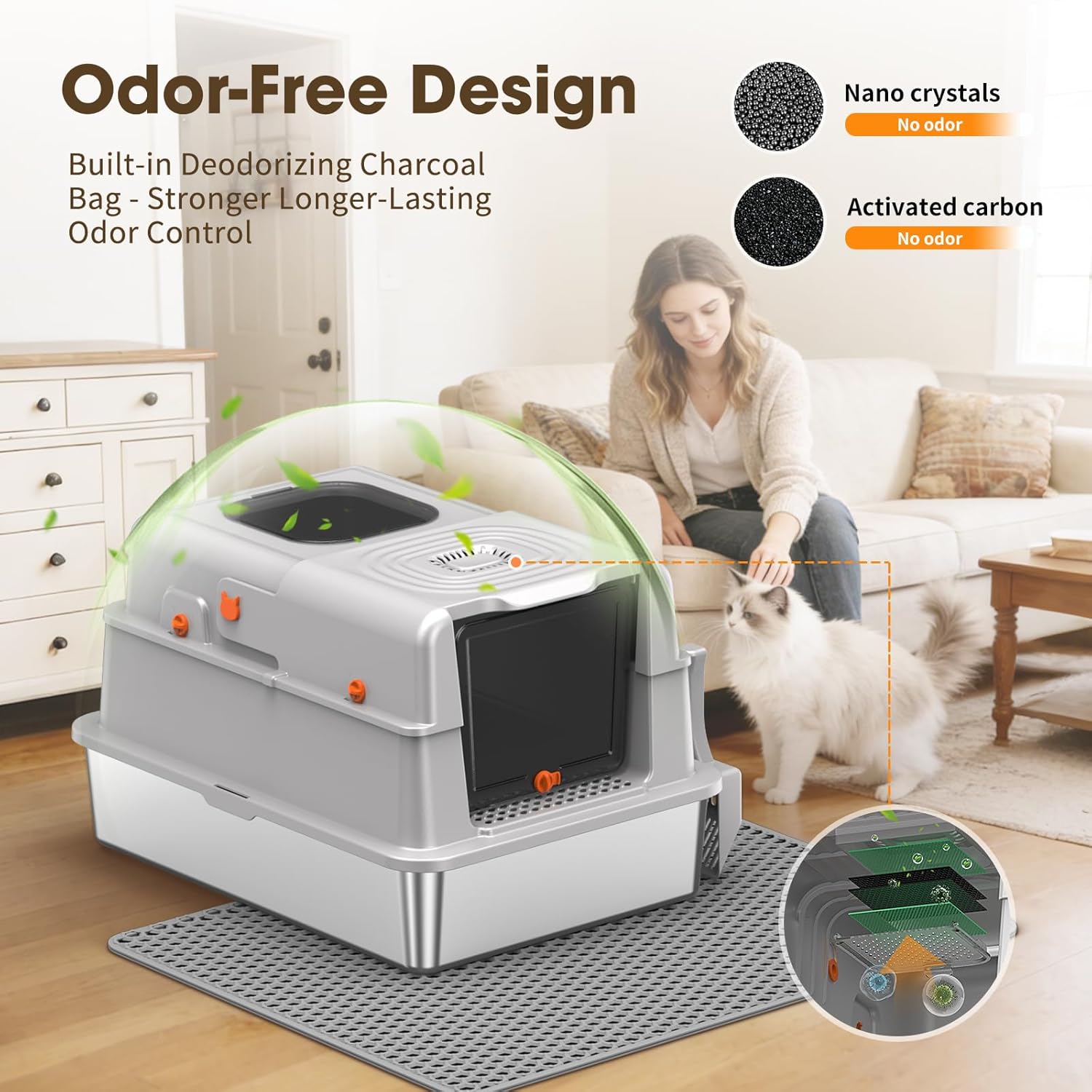 Thumbnail 4 de Stainless Steel Cat Litter Tray with Lid (XXXL) – Odour Control, Dual-Door Entry, Charcoal Filter