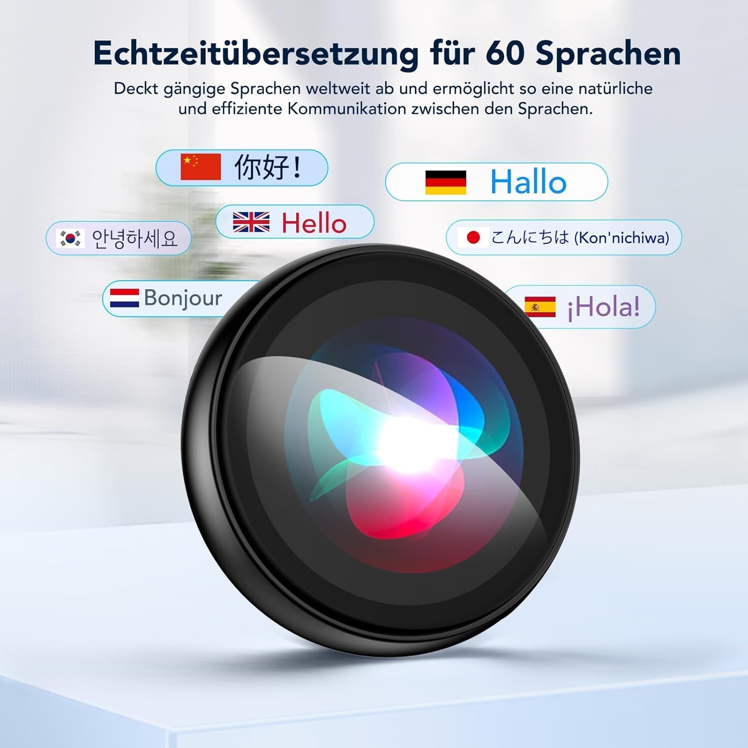 Detalle de AI Badge: Traduttore vocale in tempo reale a 60 lingue con LCD HD e assistente Saymi