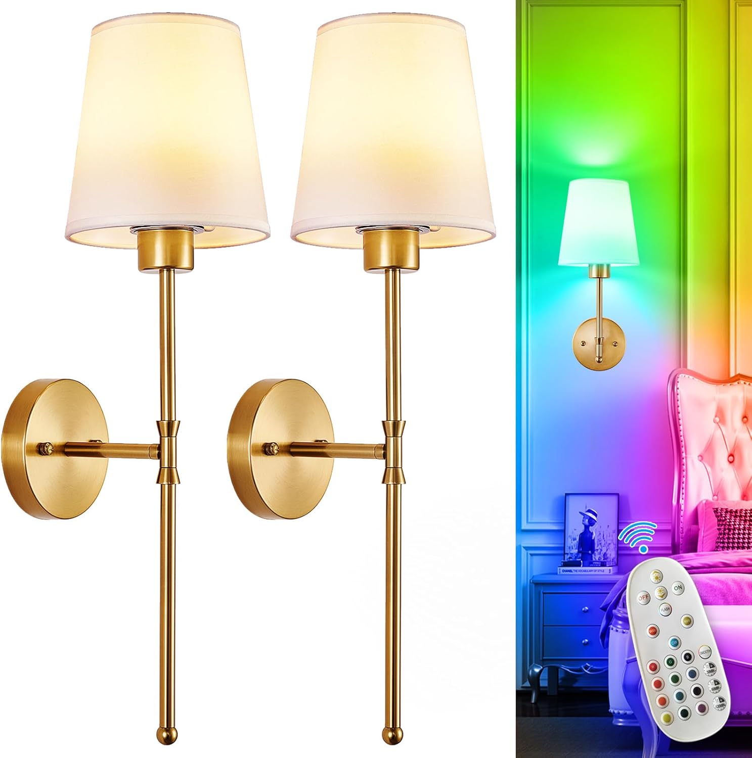 Detalle de Depuley Battery Operated Wall Sconce Set of 2 with Remote | Wireless, Rechargeable 10000mAh, 12 RGB Colors, 3000K-6500K dimmable