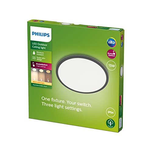 Detalle de Philips SuperSlim: plafón LED exterior 15W, negro, blanco cálido 2700 K