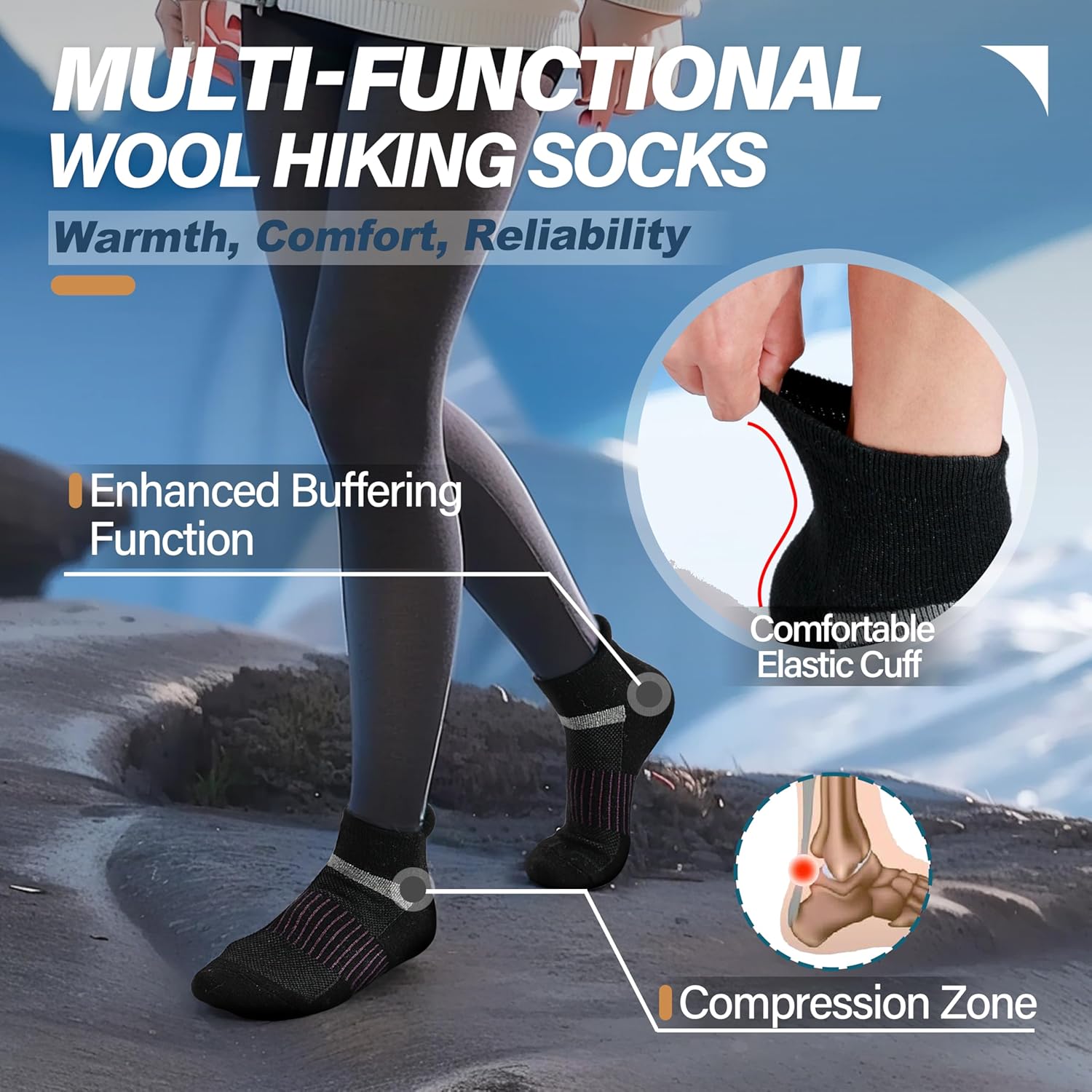 Detalle de 6 Pairs Merino Wool Ankle Running Hiking Socks with Compression Support