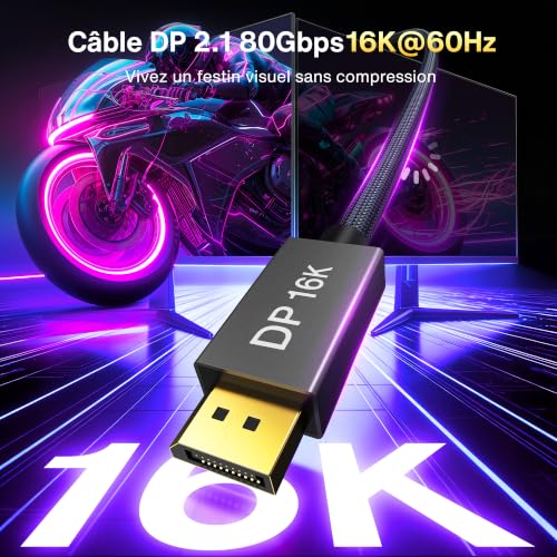 Detalle 2 de IVANKY 16K Câble DisplayPort 2.1 UHBR20 – 2 m, 80 Gbps pour PC Gamer