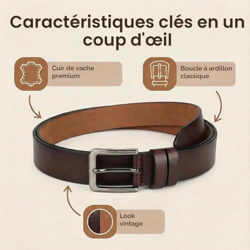 Detalle de VRLEGEND ceinture homme en cuir véritable marron, 140 cm, largeur 3,8 cm