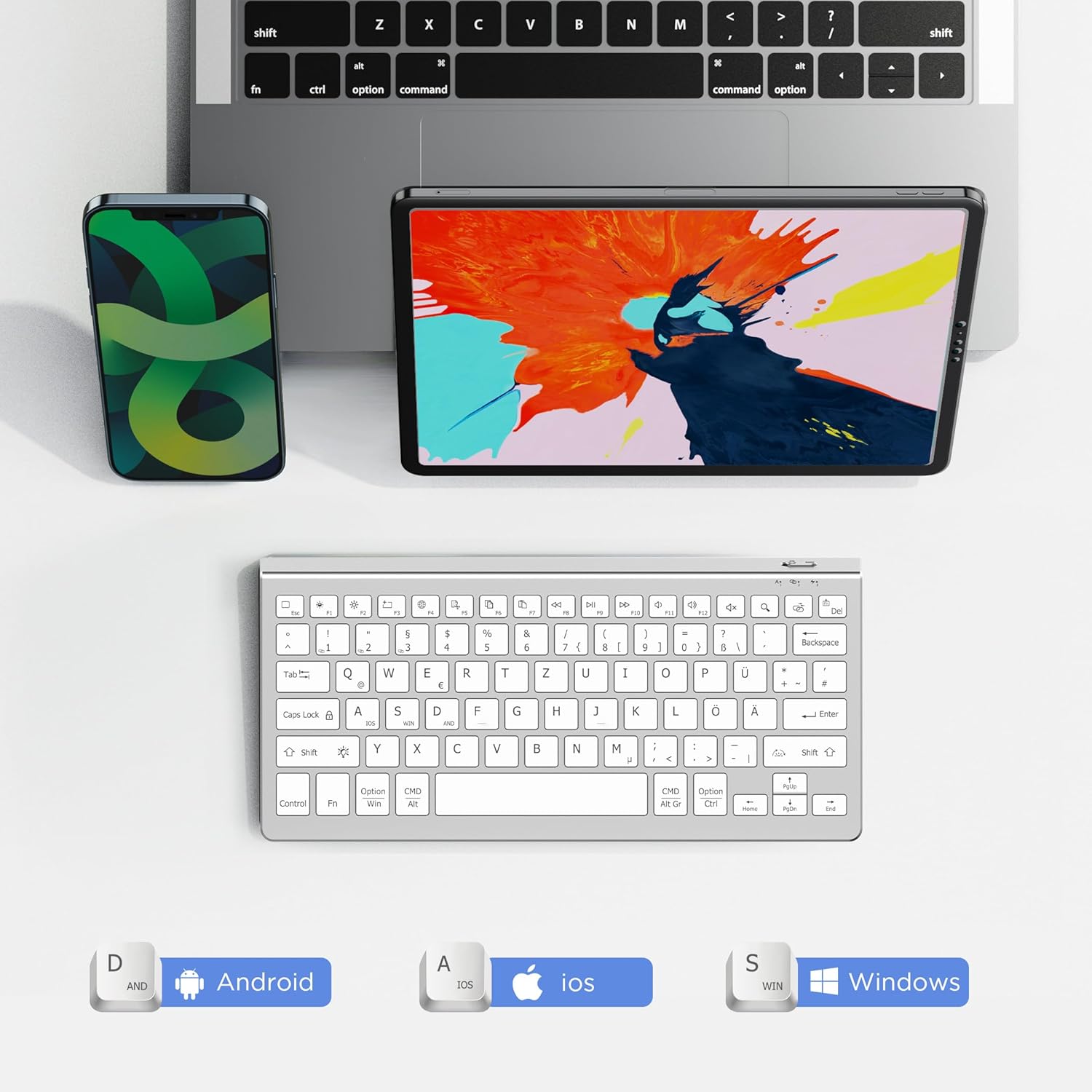 Detalle 2 de Bluetooth Deutsche Tastatur von CACOE – kompatibel mit iPad A16/10, iPad Air/Pro sowie iOS, Android, Windows (3 BT-Kanäle, silber, 7 Farben)