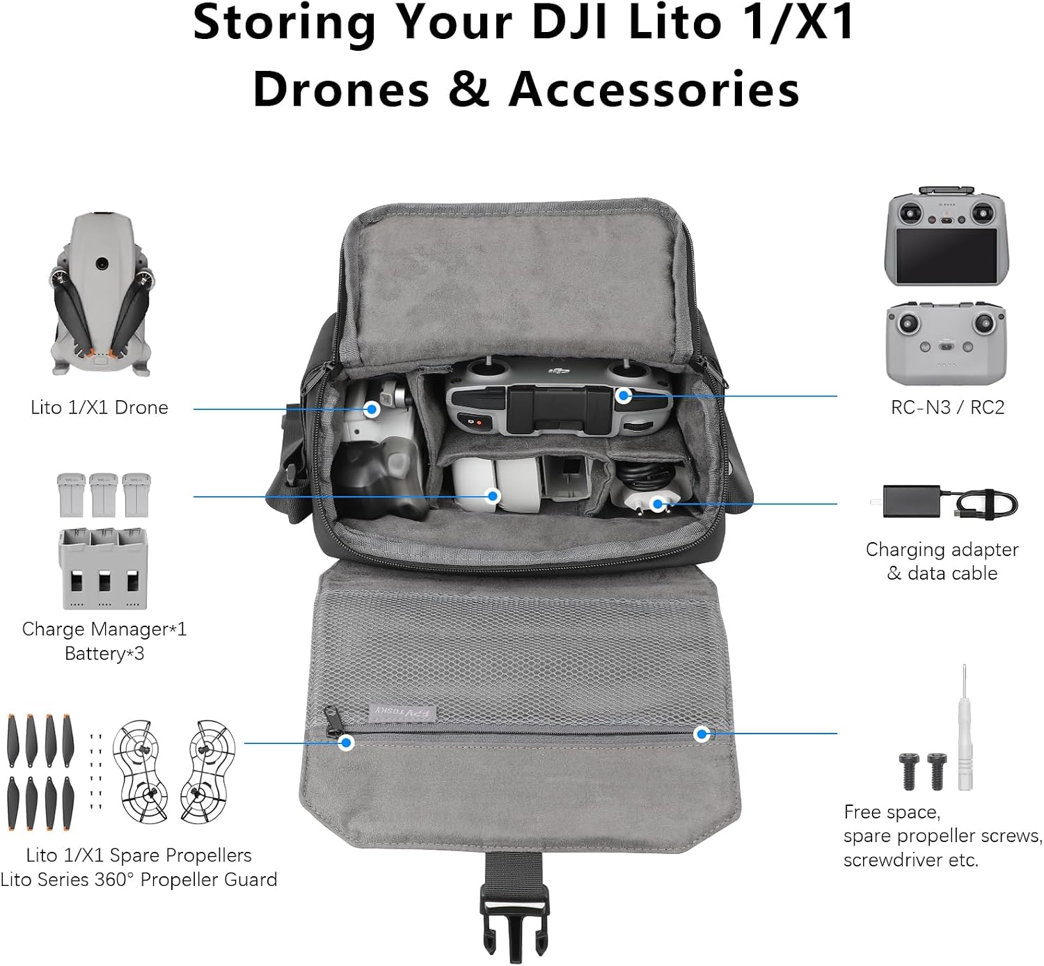 Detalle 2 de FPVtosky Shoulder Bag for DJI Lito 1/X1/Mini 5 Pro/4 Pro/3 Pro – Premium Travel Carry for Drones and Accessories