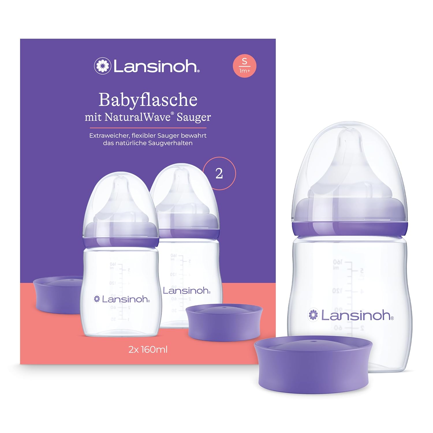 Detalle de Lansinoh Babyflaschen mit NaturalWave Sauger Gr. S – Doppelpack 160 ml, kompaktes Design, stapelbarer Deckel