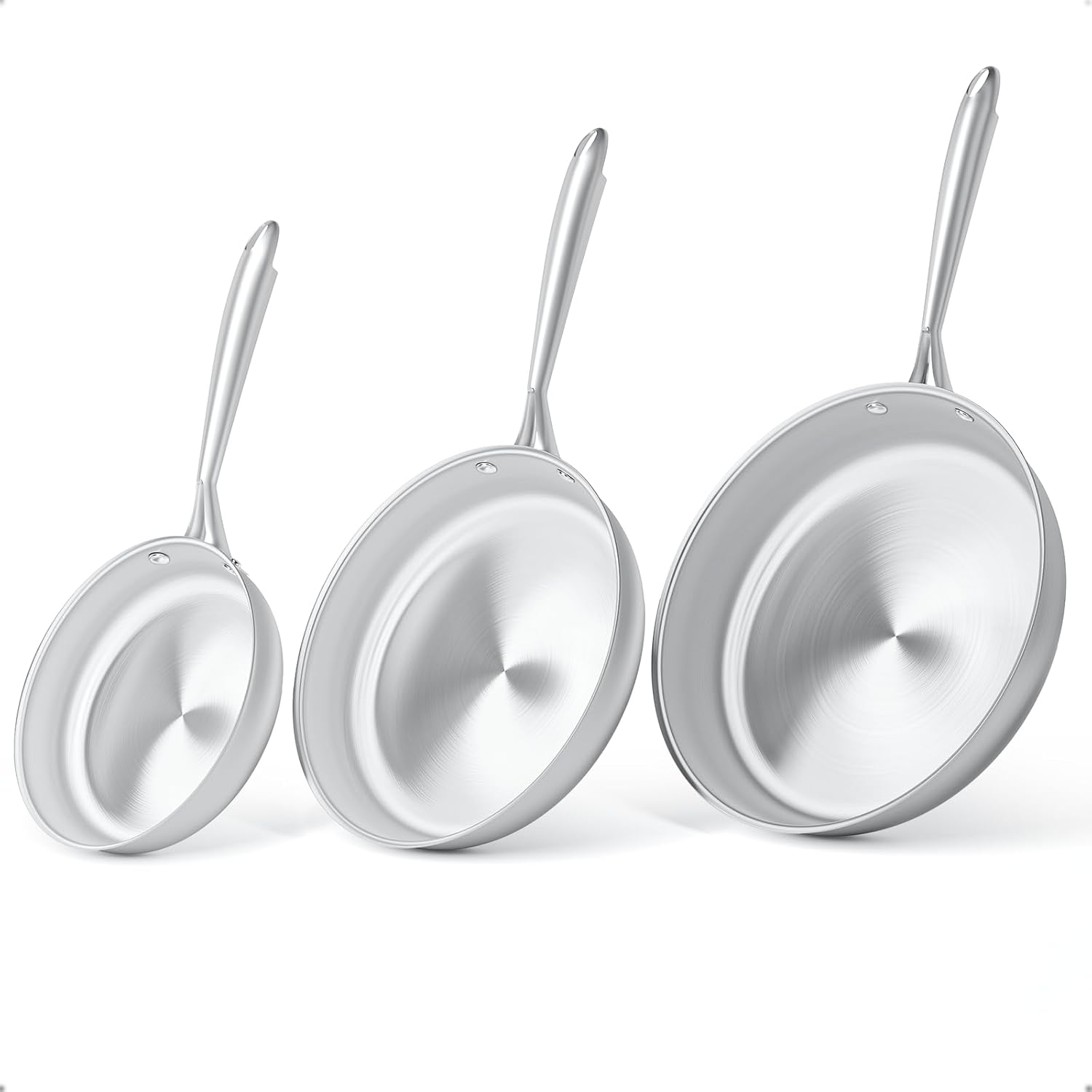Detalle de COOKNANO 3-Piece Stainless Steel Pan Set (20/26/30 cm) – Durable Tri-Ply, Dishwasher Safe
