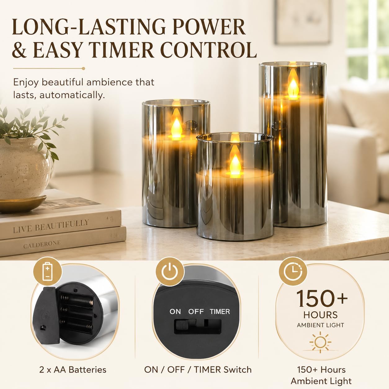 Detalle de YMing flameless LED candles set (4"/5"/6") with remote and timer – real-wax style, gold glass pillars