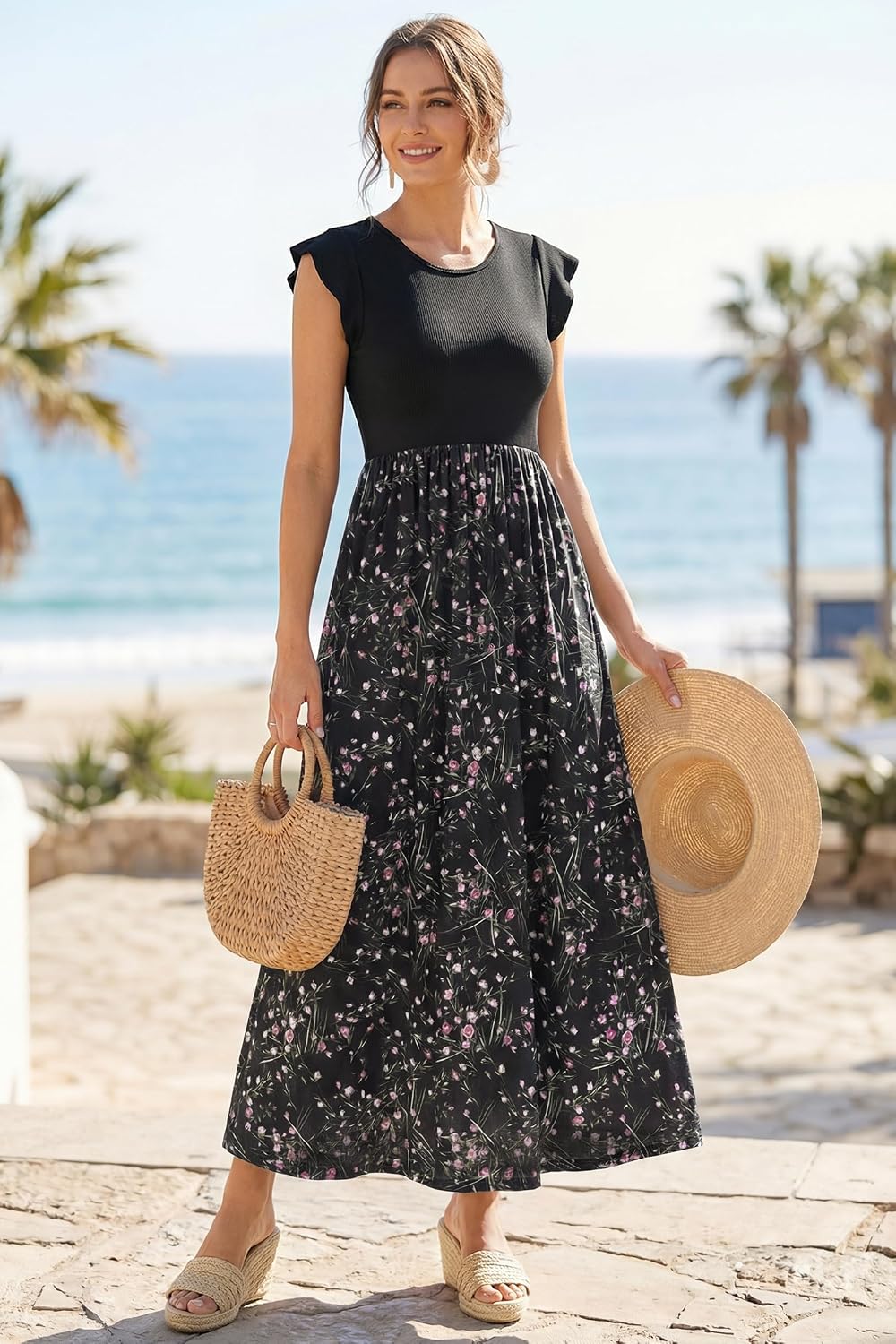Detalle de OUGES Sommerkleid Damen Lang Rüschen Maxikleid – Elegantes Sommerkleid mit Taschen